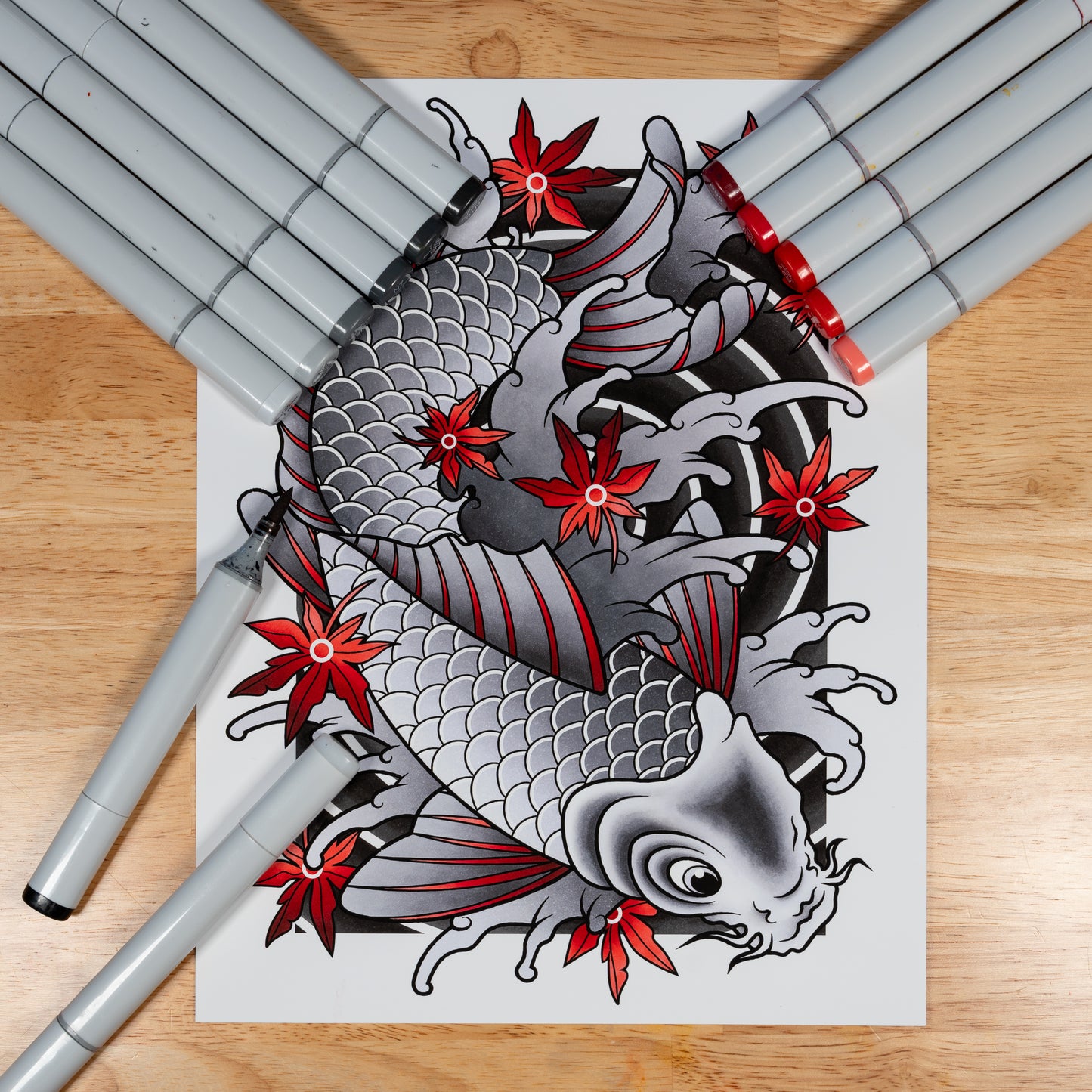 Koi Fish - Black and Grey Traditional Irezumi Japanese Tattoo Flash Hand Drawn Original Art Print Poster