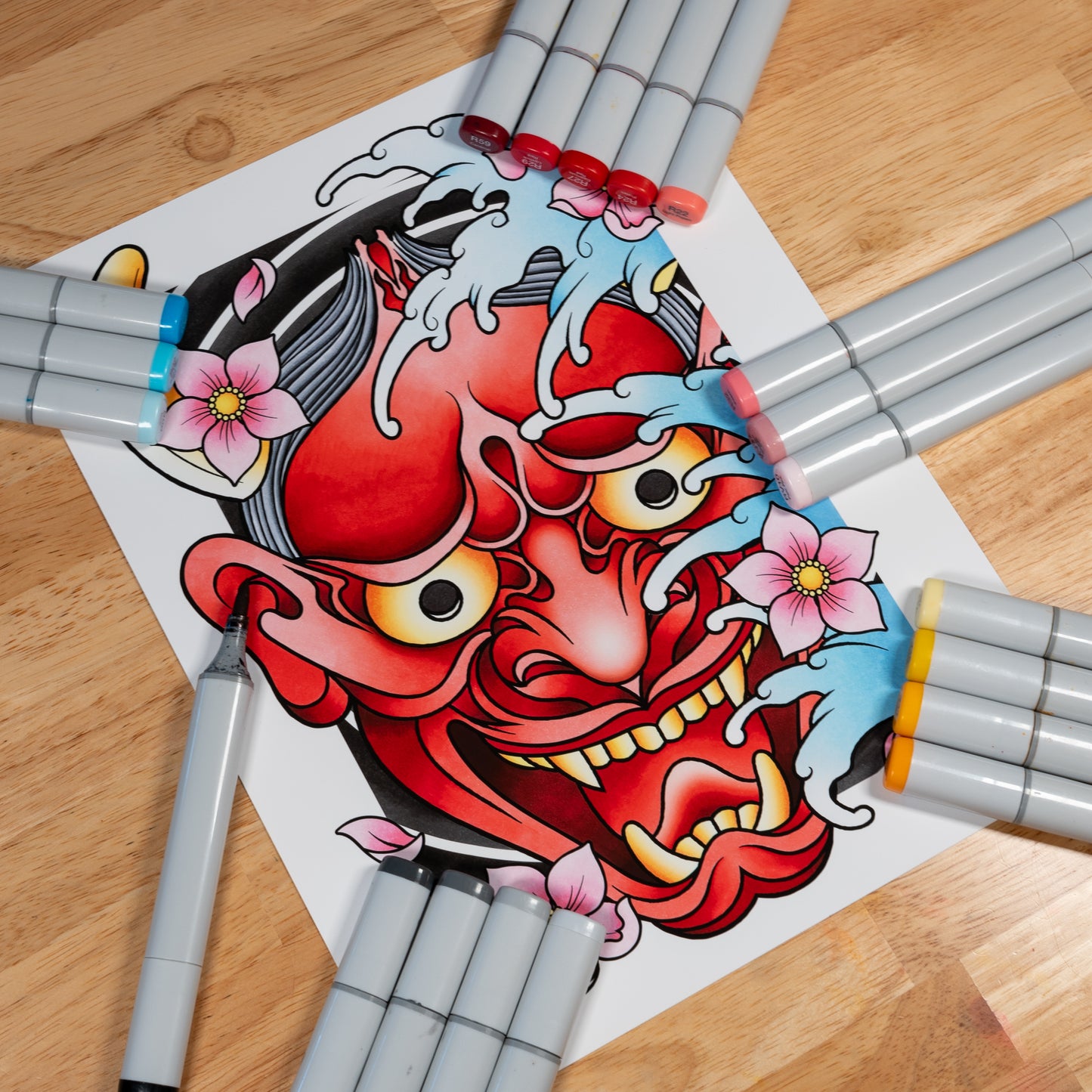 Hannya Oni Noh Mask and Sakura Cherry Blossom Flower Traditional Japanese Irezumi Tattoo Flash Hand Drawn Original Art Print Wall Poster