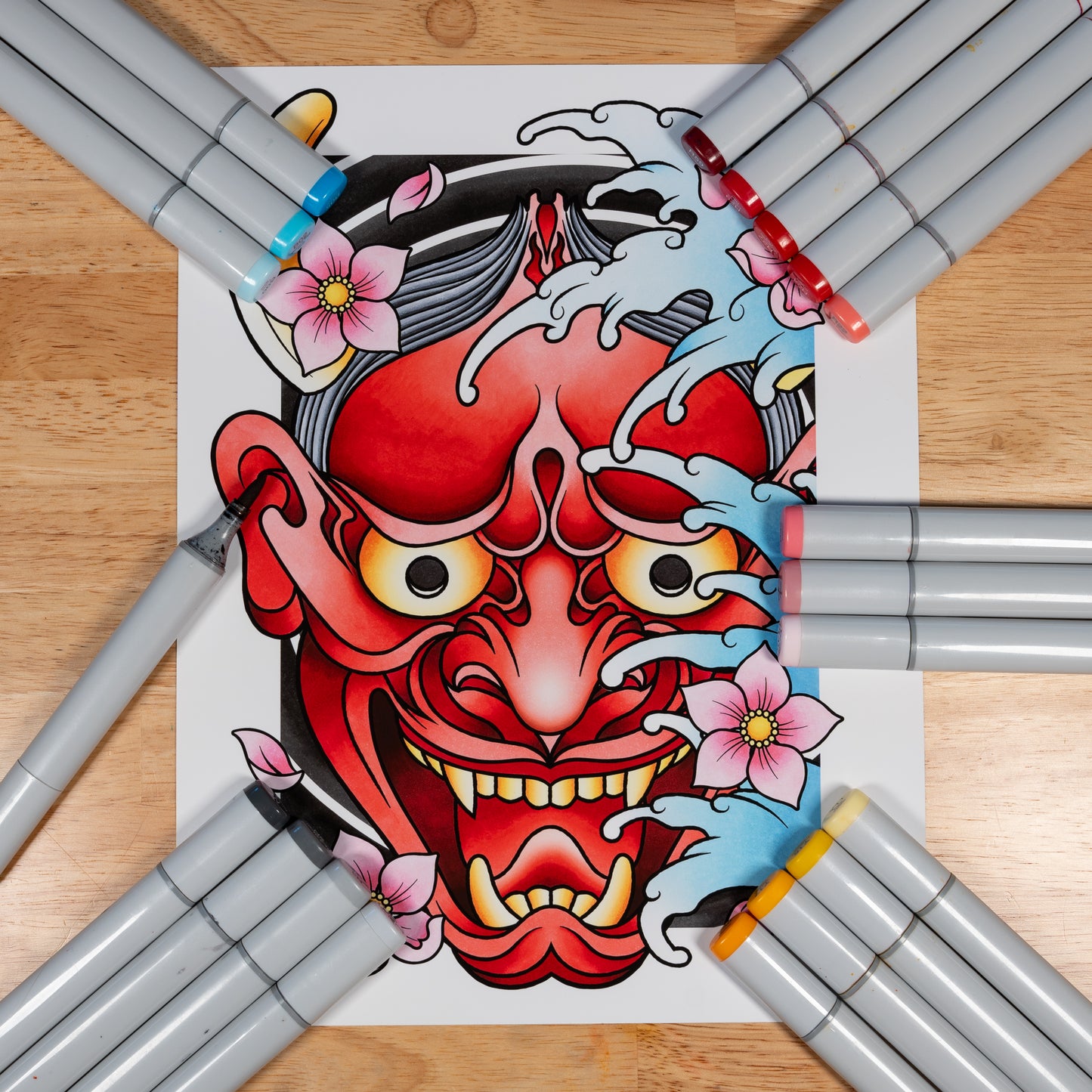 Hannya Oni Noh Mask and Sakura Cherry Blossom Flower Traditional Japanese Irezumi Tattoo Flash Hand Drawn Original Art Print Wall Poster