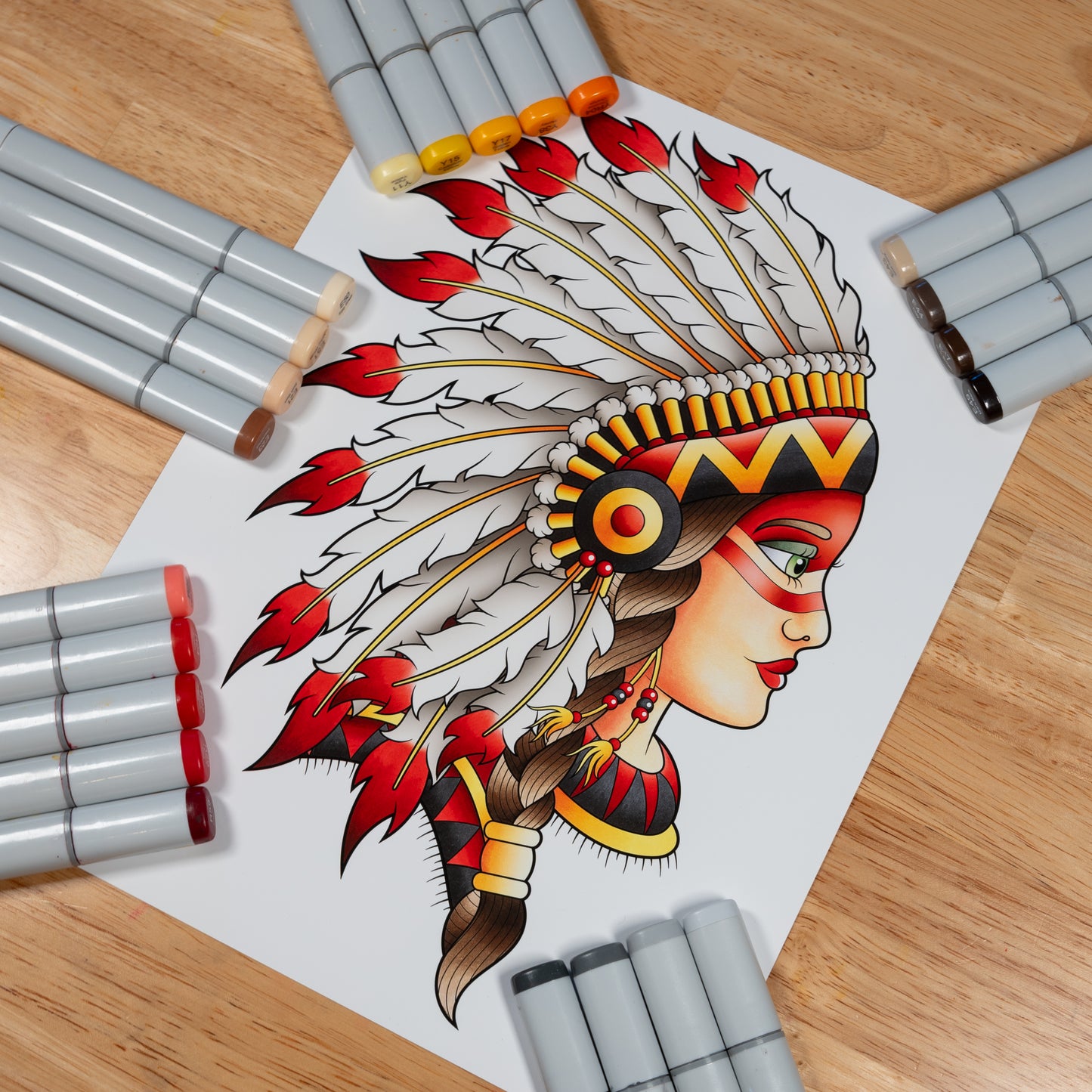 Neo Traditional Female Native American Chief Headdress Inspired Tattoo Flash Hand Drawn Original Art Print Poster