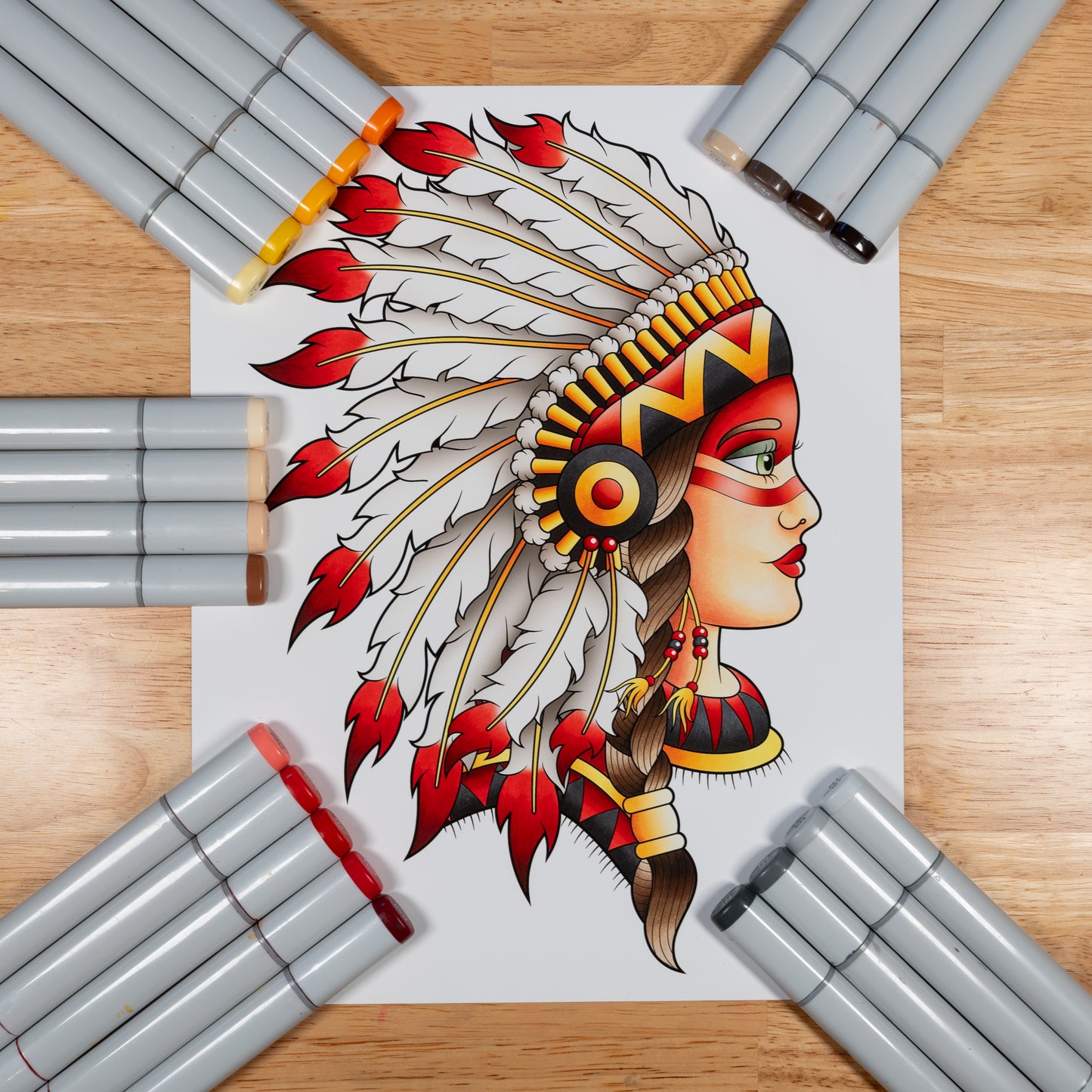 Neo Traditional Female Native American Chief Headdress Inspired Tattoo Flash Hand Drawn Original Art Print Poster