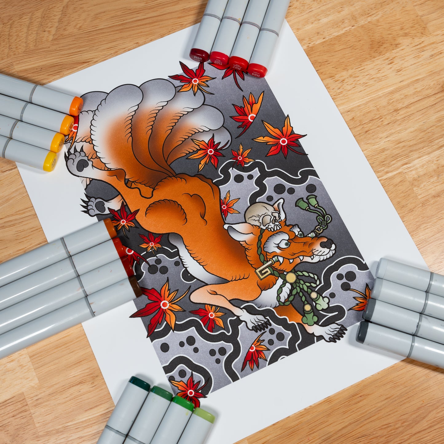 Kitsune Fox Nine Tails - Traditional Japanese Inspired Irezumi Tattoo Flash Hand Drawn Original Art Print Poster