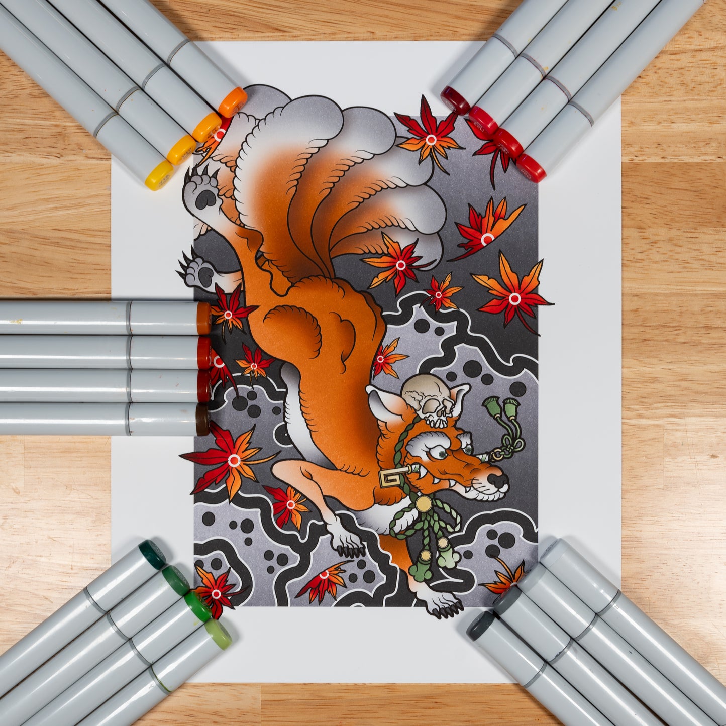 Kitsune Fox Nine Tails - Traditional Japanese Inspired Irezumi Tattoo Flash Hand Drawn Original Art Print Poster