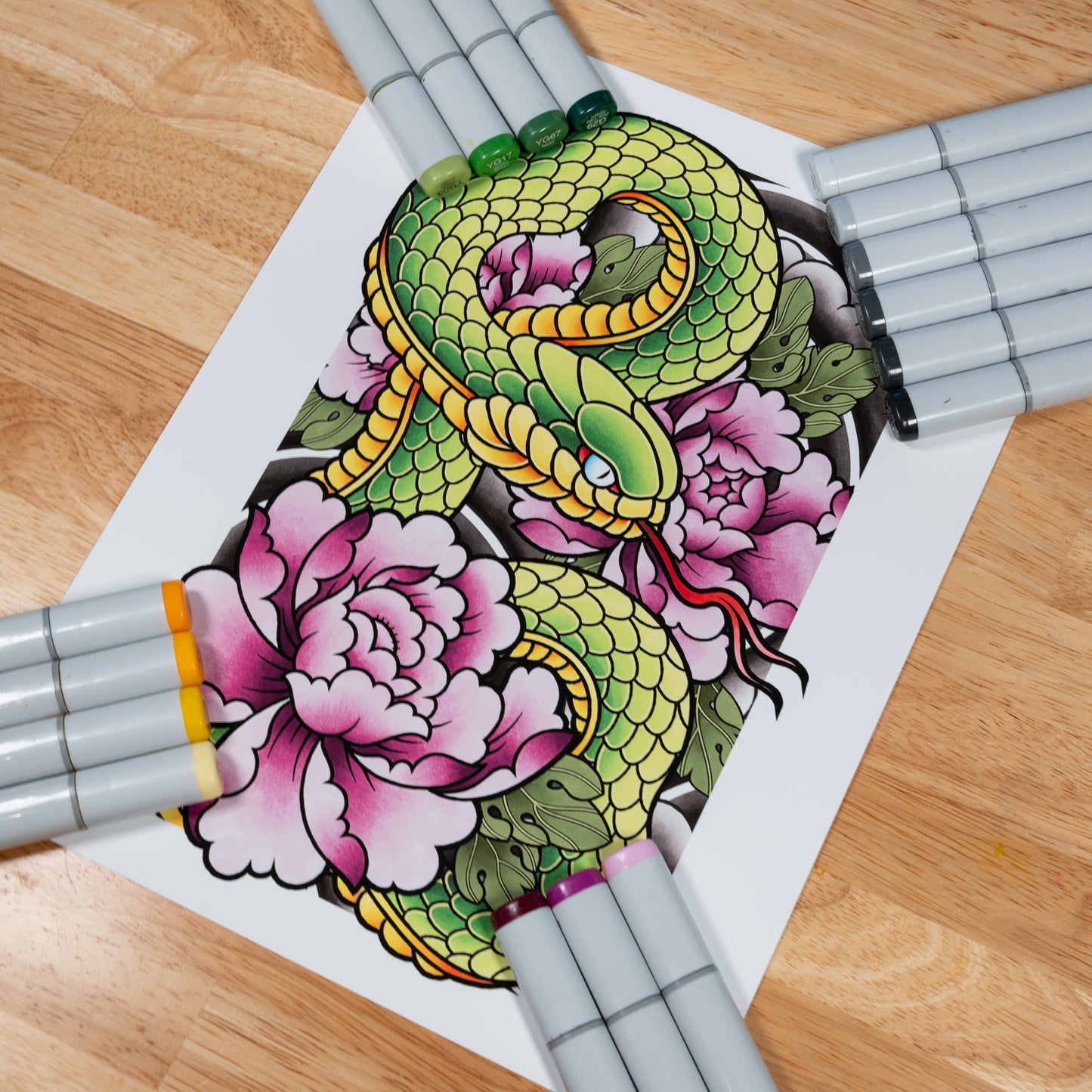 Hebi Snake and Peony - Traditional Japanese Inspired Irezumi Tattoo Flash Hand Drawn Original Art Print Poster