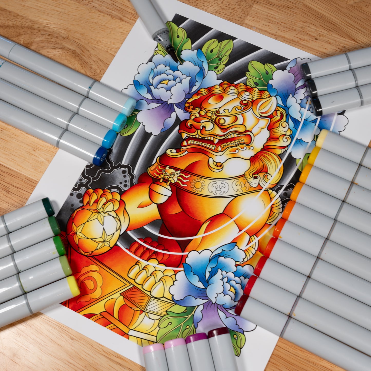 Male Foo Dog Traditional Irezumi Japanese Tattoo Flash Hand Drawn Original Art Print Poster