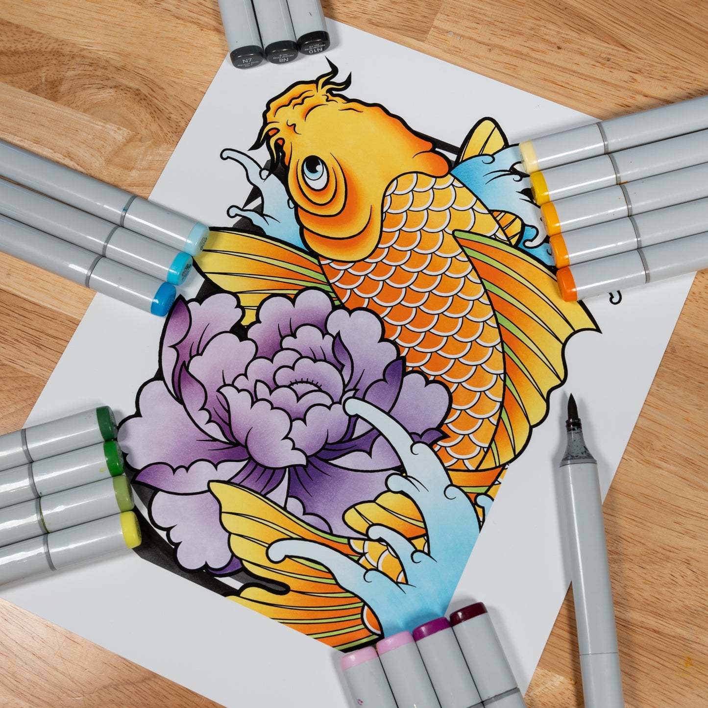 Koi Fish and Peony - Traditional Irezumi Japanese Tattoo Flash Hand Drawn Original Art Print Poster