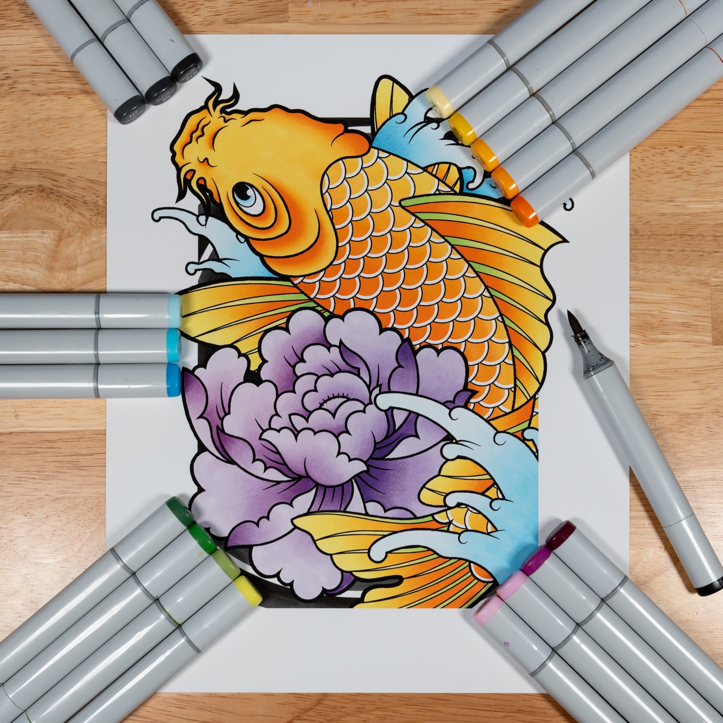 Koi Fish and Peony - Traditional Irezumi Japanese Tattoo Flash Hand Drawn Original Art Print Poster