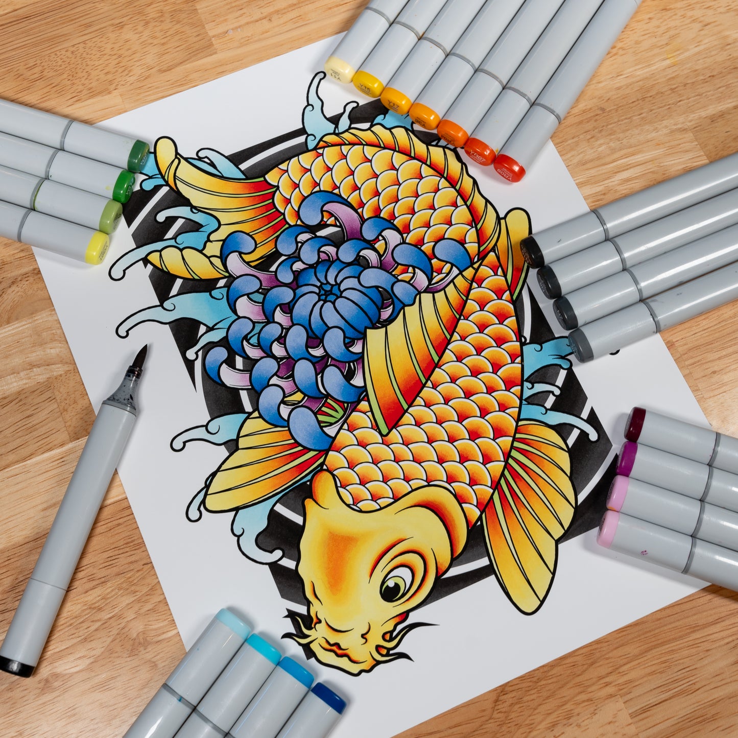 Koi Fish & Chrysanthemum - Traditional Irezumi Japanese Tattoo Flash Hand Drawn Original Art Print Poster