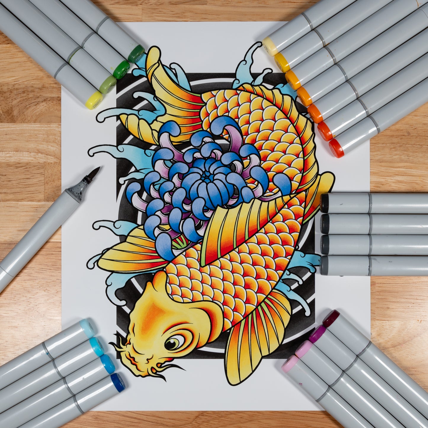 Koi Fish & Chrysanthemum - Traditional Irezumi Japanese Tattoo Flash Hand Drawn Original Art Print Poster