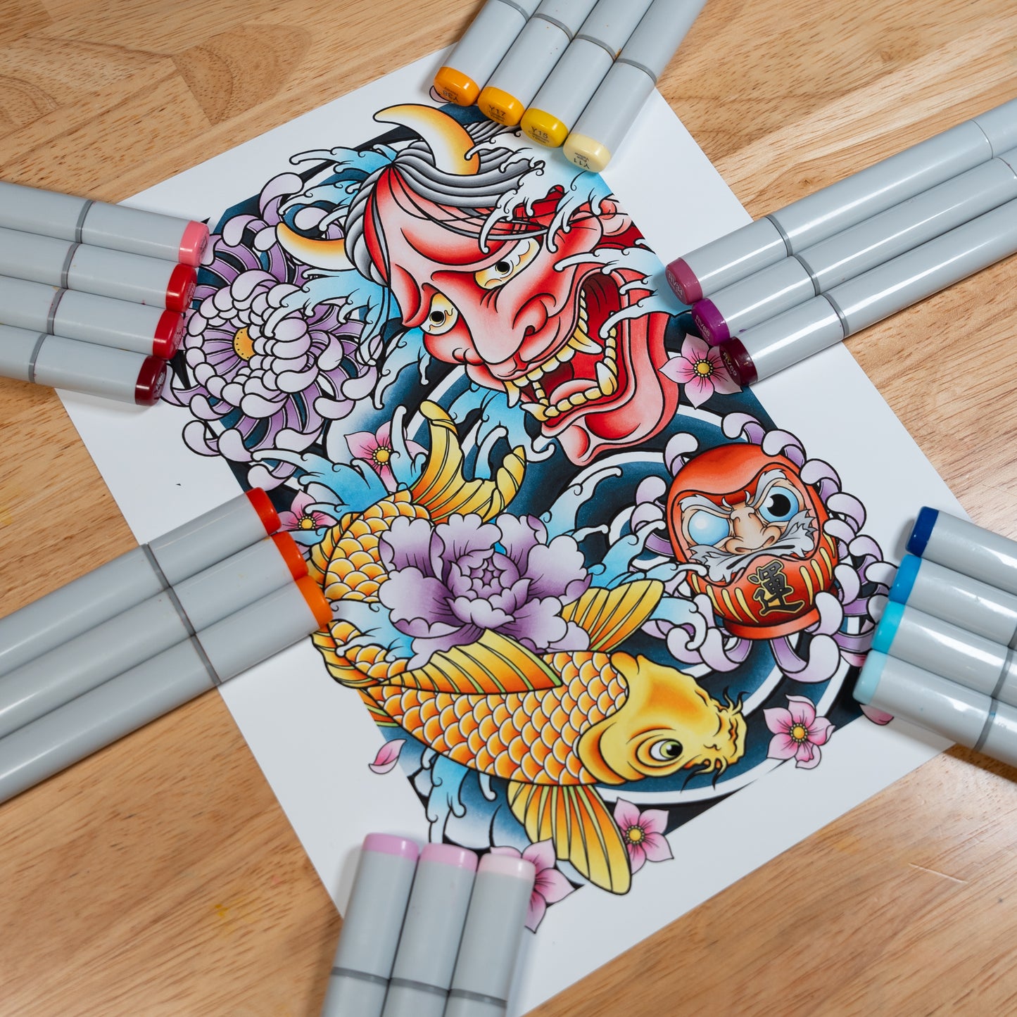 Koi Hannya Mask Daruma and Chrysanthemum Flower Traditional Japanese Inspired Tattoo Flash Hand Drawn Original Art Print Poster