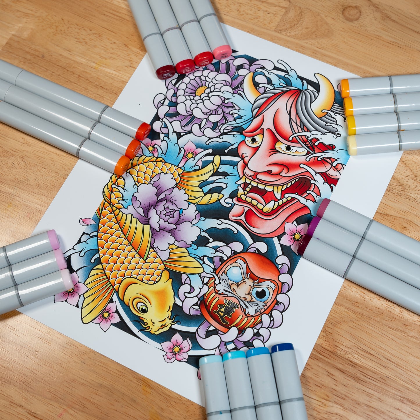 Koi Hannya Mask Daruma and Chrysanthemum Flower Traditional Japanese Inspired Tattoo Flash Hand Drawn Original Art Print Poster