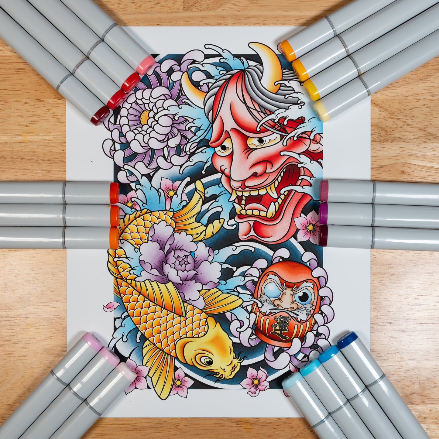 Koi Hannya Mask Daruma and Chrysanthemum Flower Traditional Japanese Inspired Tattoo Flash Hand Drawn Original Art Print Poster