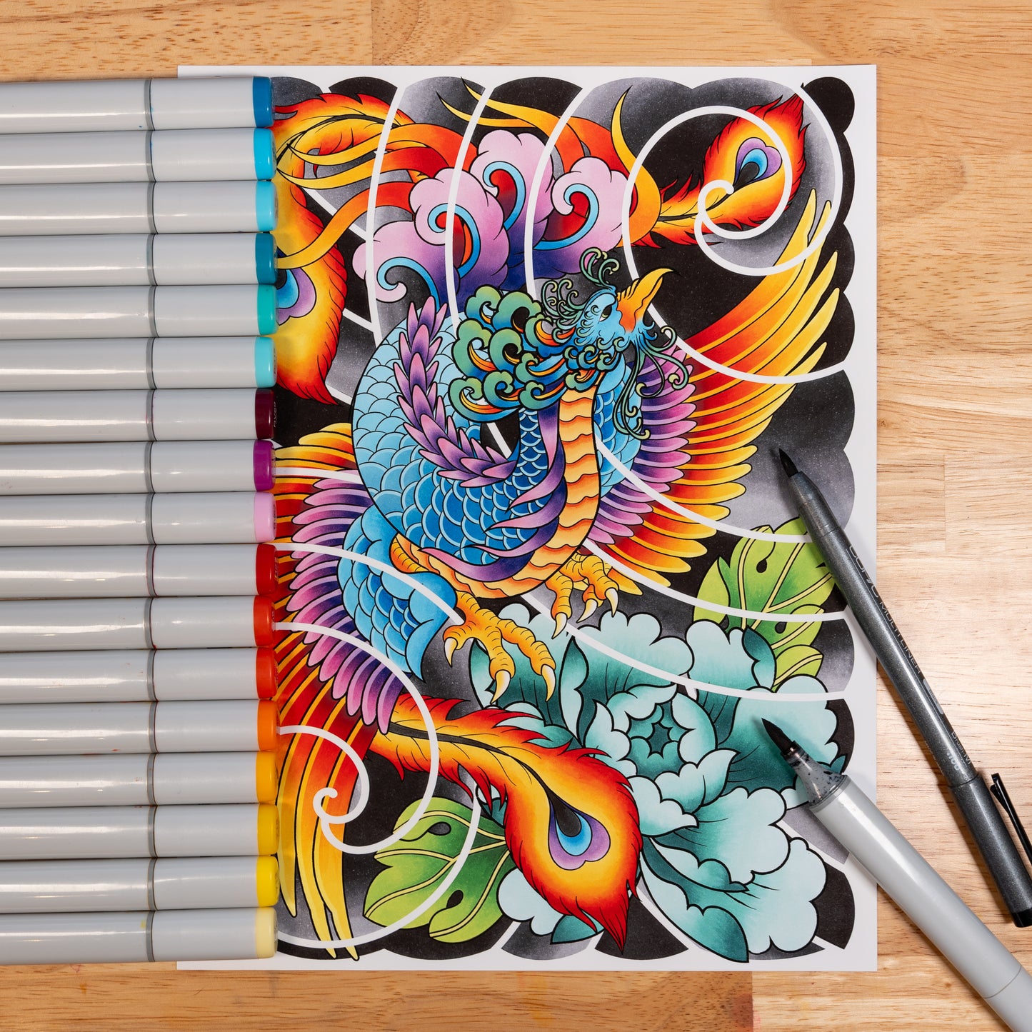 Phoenix and Peony Flower Traditional Irezumi Japanese Tattoo Flash Hand Drawn Original Art Print Poster