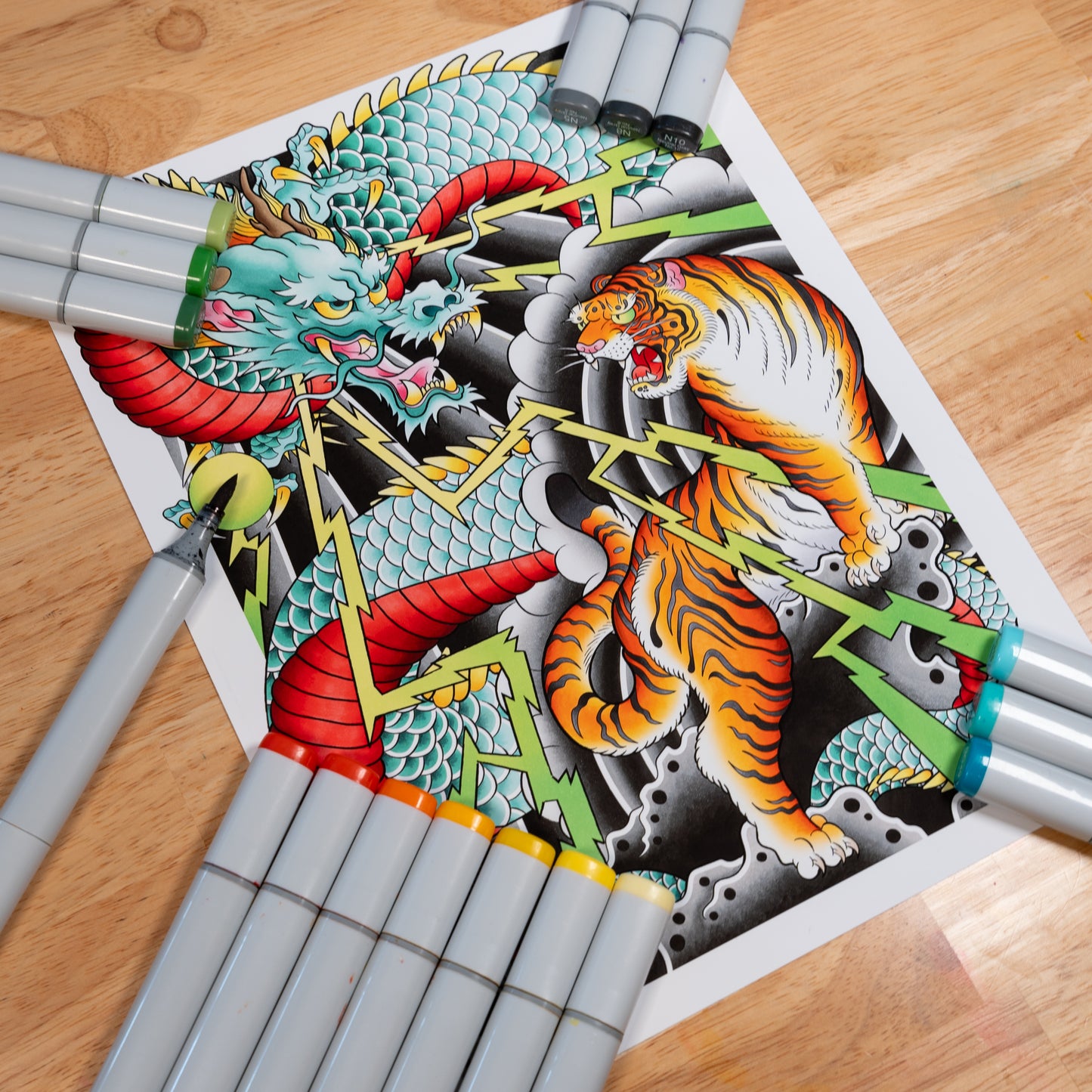 Dragon and Tiger Traditional Irezumi Japanese Tattoo Flash Hand Drawn Original Art Print Wall Poster