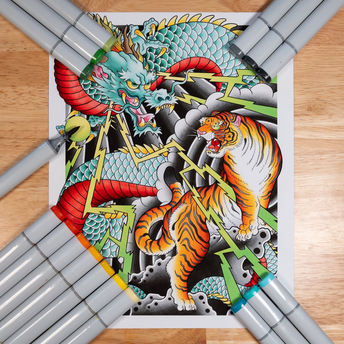 Dragon and Tiger Traditional Irezumi Japanese Tattoo Flash Hand Drawn Original Art Print Wall Poster