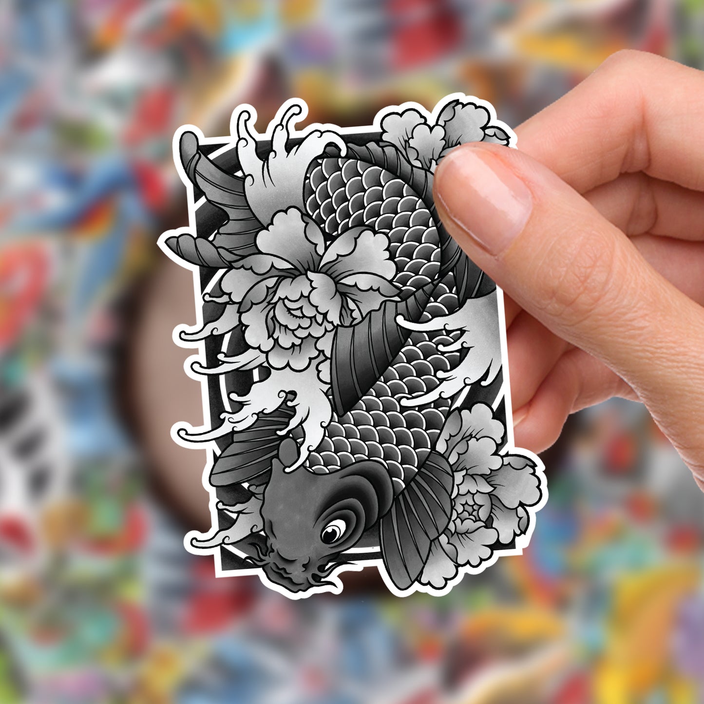 Koi Fish and Peony Black and Grey Traditional Hand Drawn Irezumi Tattoo Flash Fine Art Waterproof Vinyl Sticker and Postcard Art Print