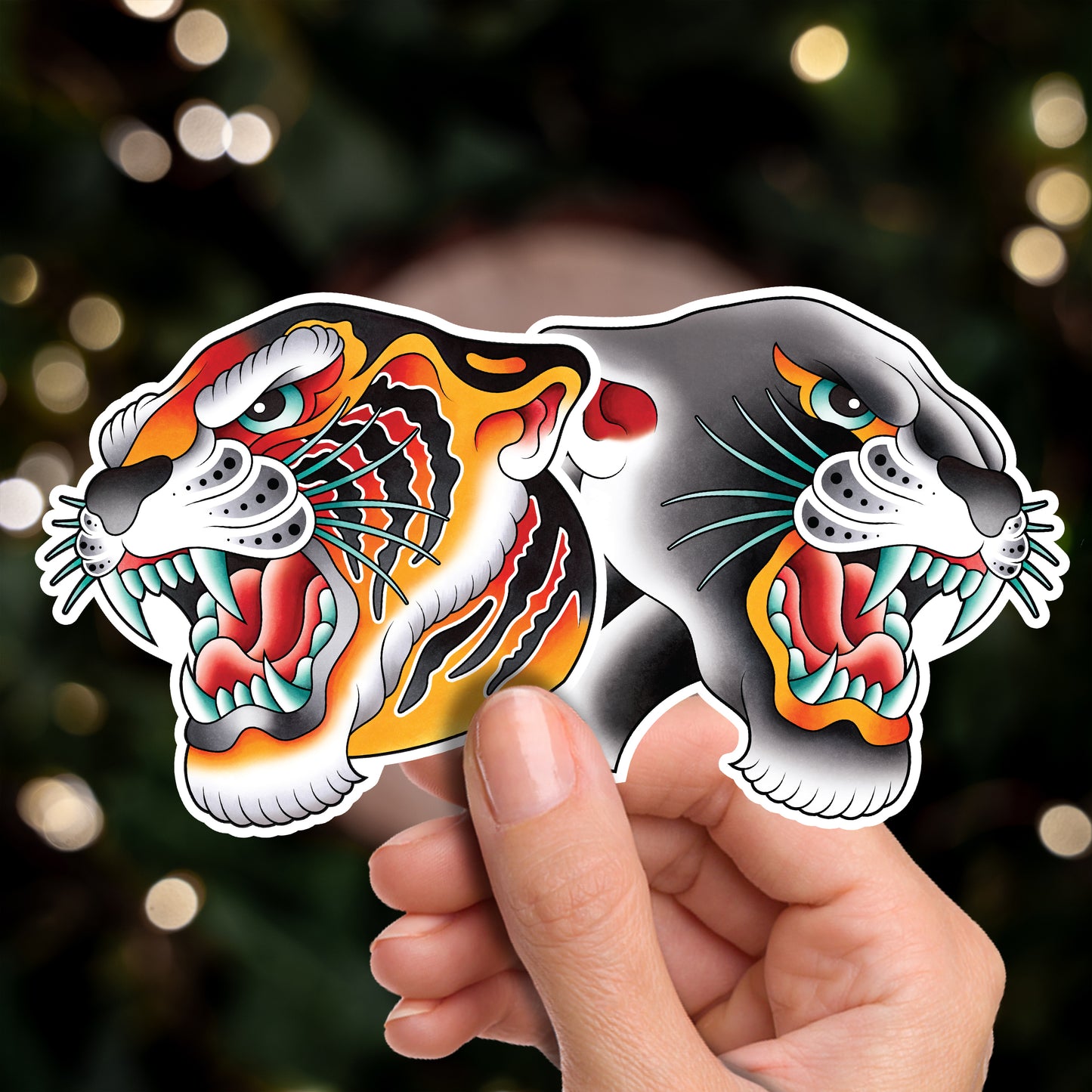 Tiger & Panther Head American Traditional Tattoo Flash Fine Art Waterproof Vinyl Sticker and Postcard Art Print