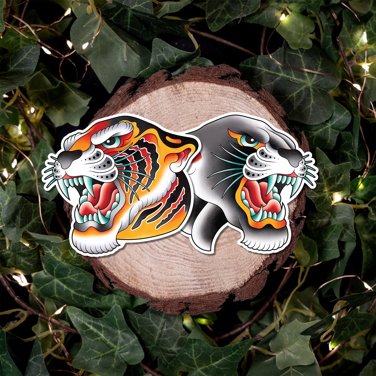 Tiger & Panther Head American Traditional Tattoo Flash Fine Art Waterproof Vinyl Sticker and Postcard Art Print