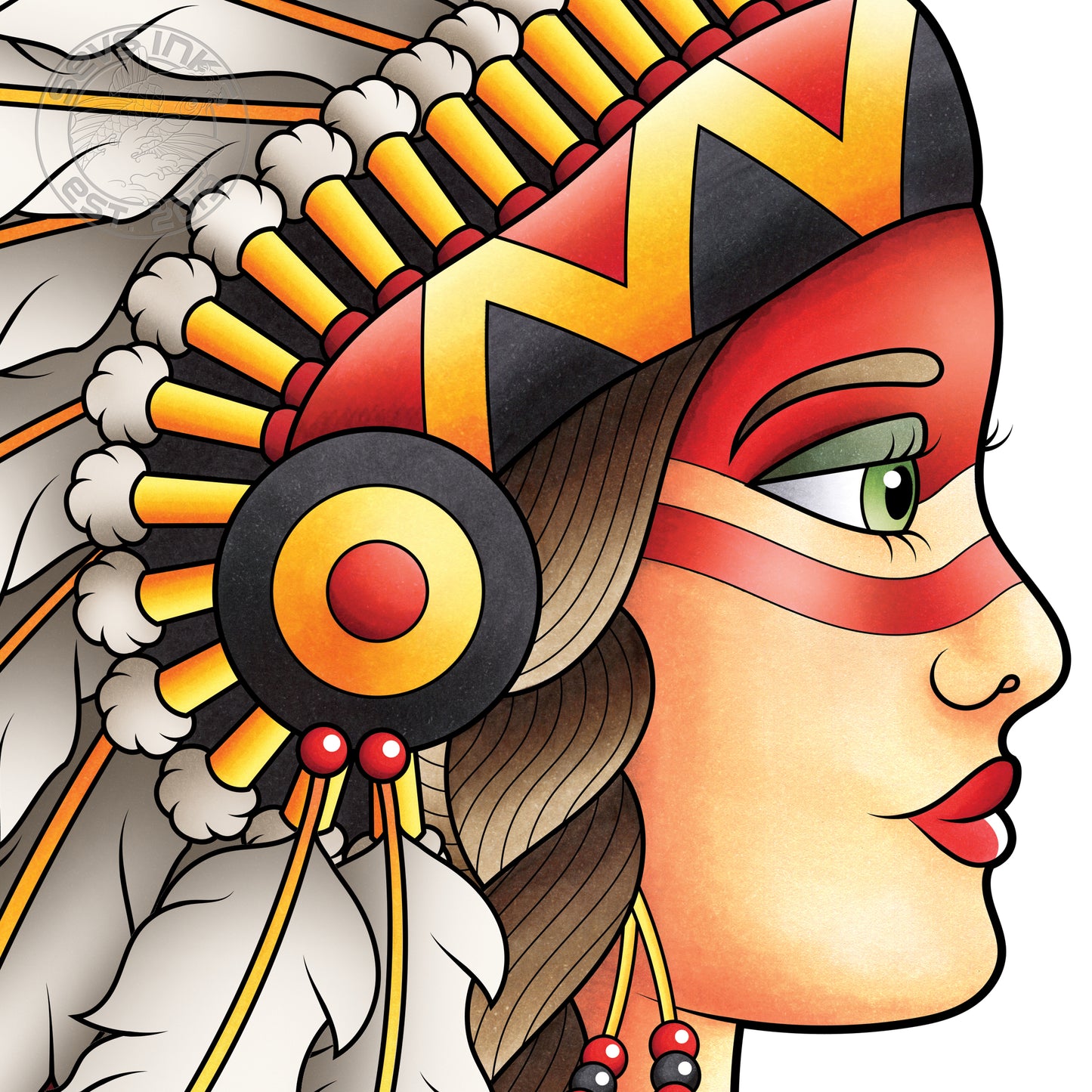 Neo Traditional Female Native American Chief Headdress Inspired Tattoo Flash Hand Drawn Original Art Print Poster
