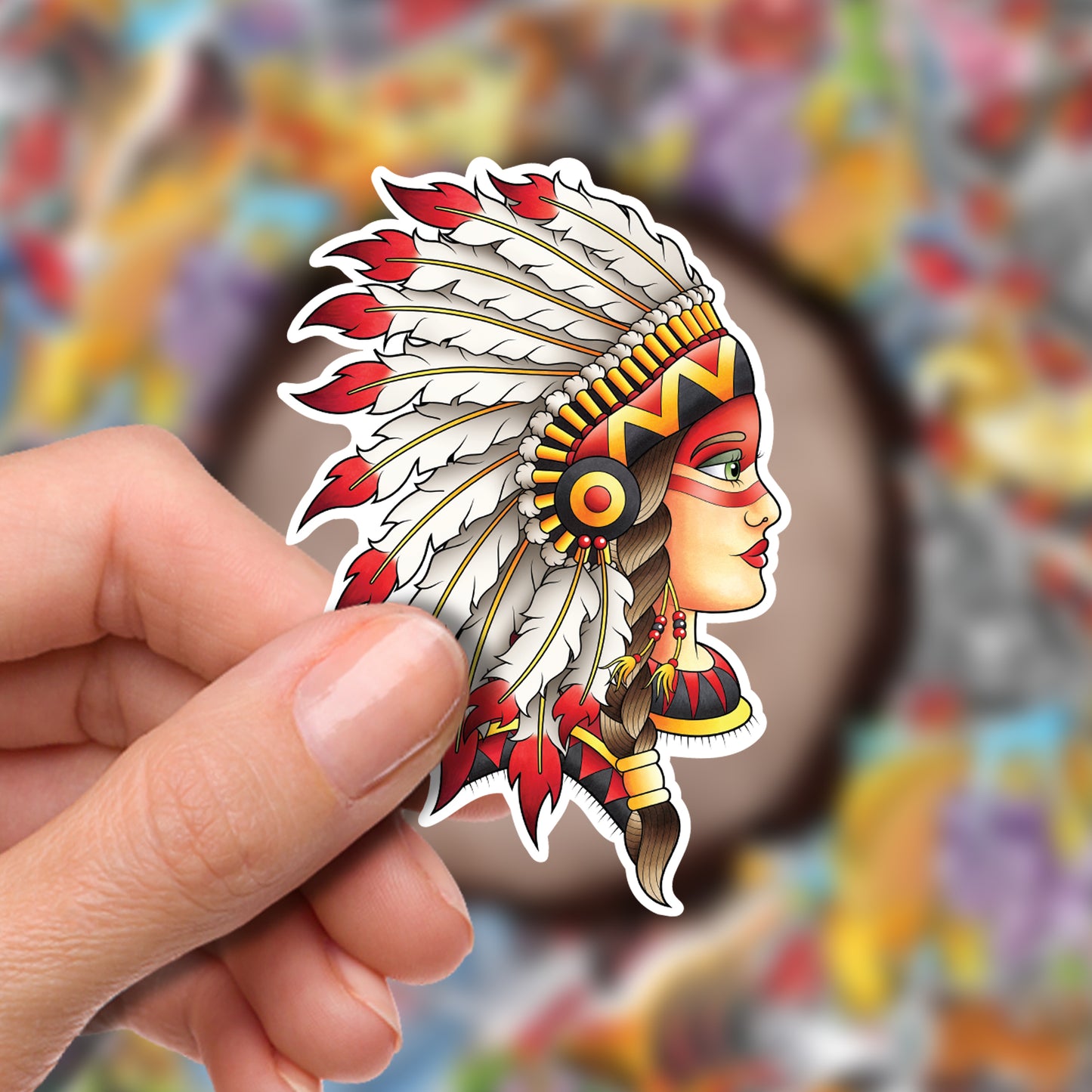 Neotraditional Native American Chief Headdress Inspired Traditional Tattoo Flash Fine Art Waterproof Vinyl Sticker and Postcard Art Print