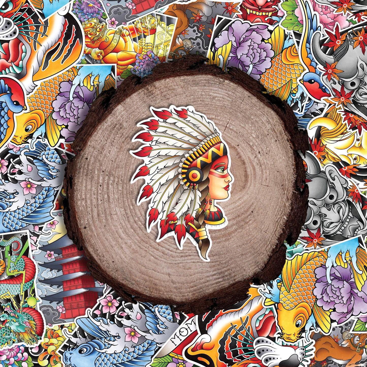 Neotraditional Native American Chief Headdress Inspired Traditional Tattoo Flash Fine Art Waterproof Vinyl Sticker and Postcard Art Print