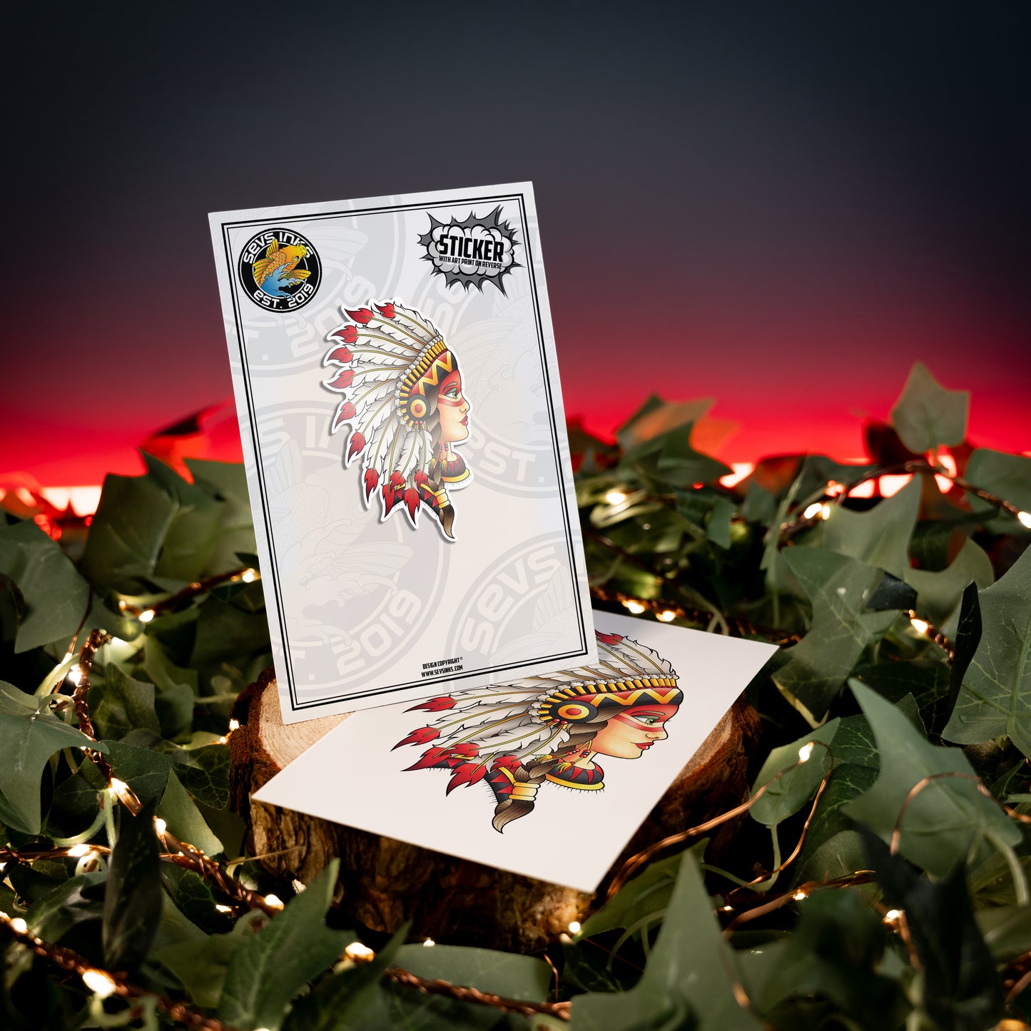 Neotraditional Native American Chief Headdress Inspired Traditional Tattoo Flash Fine Art Waterproof Vinyl Sticker and Postcard Art Print
