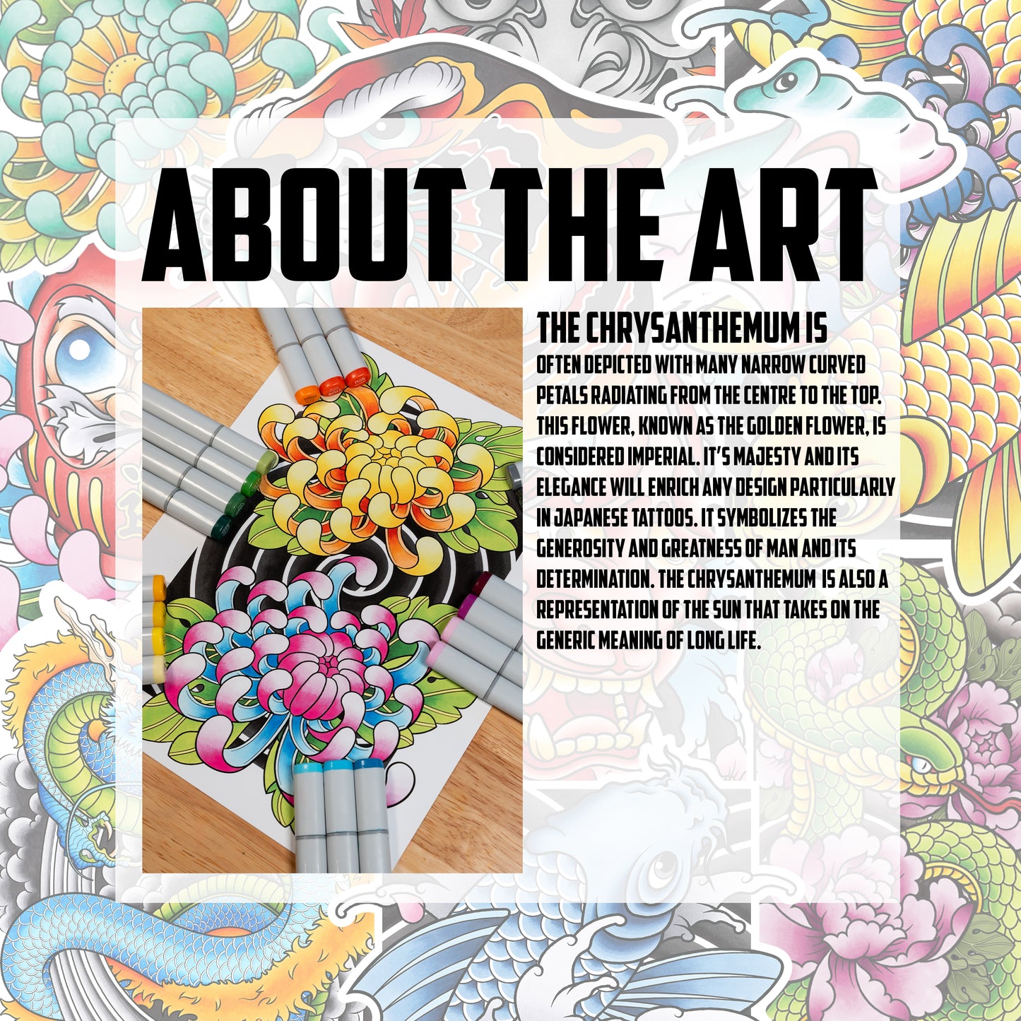 Chrysanthemum Flower Traditional Irezumi Tattoo Flash Fine Art Waterproof Vinyl Sticker and Postcard Art Print