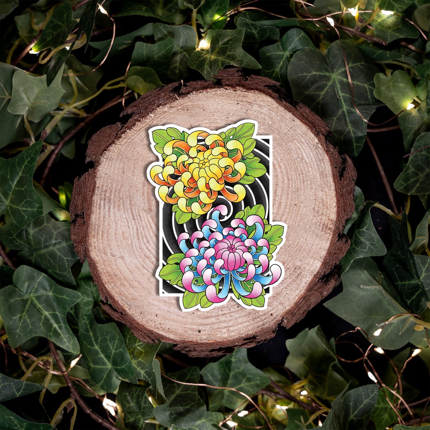 Chrysanthemum Flower Traditional Irezumi Tattoo Flash Fine Art Waterproof Vinyl Sticker and Postcard Art Print