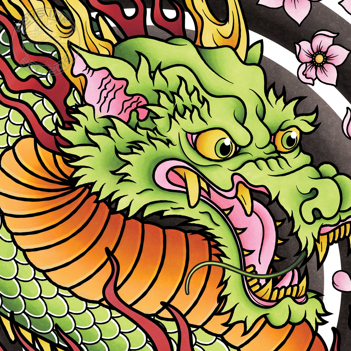 Ryu Dragon Traditional Hand Drawn Irezumi Tattoo Flash Fine Art Waterproof Vinyl Sticker and Postcard Art Print