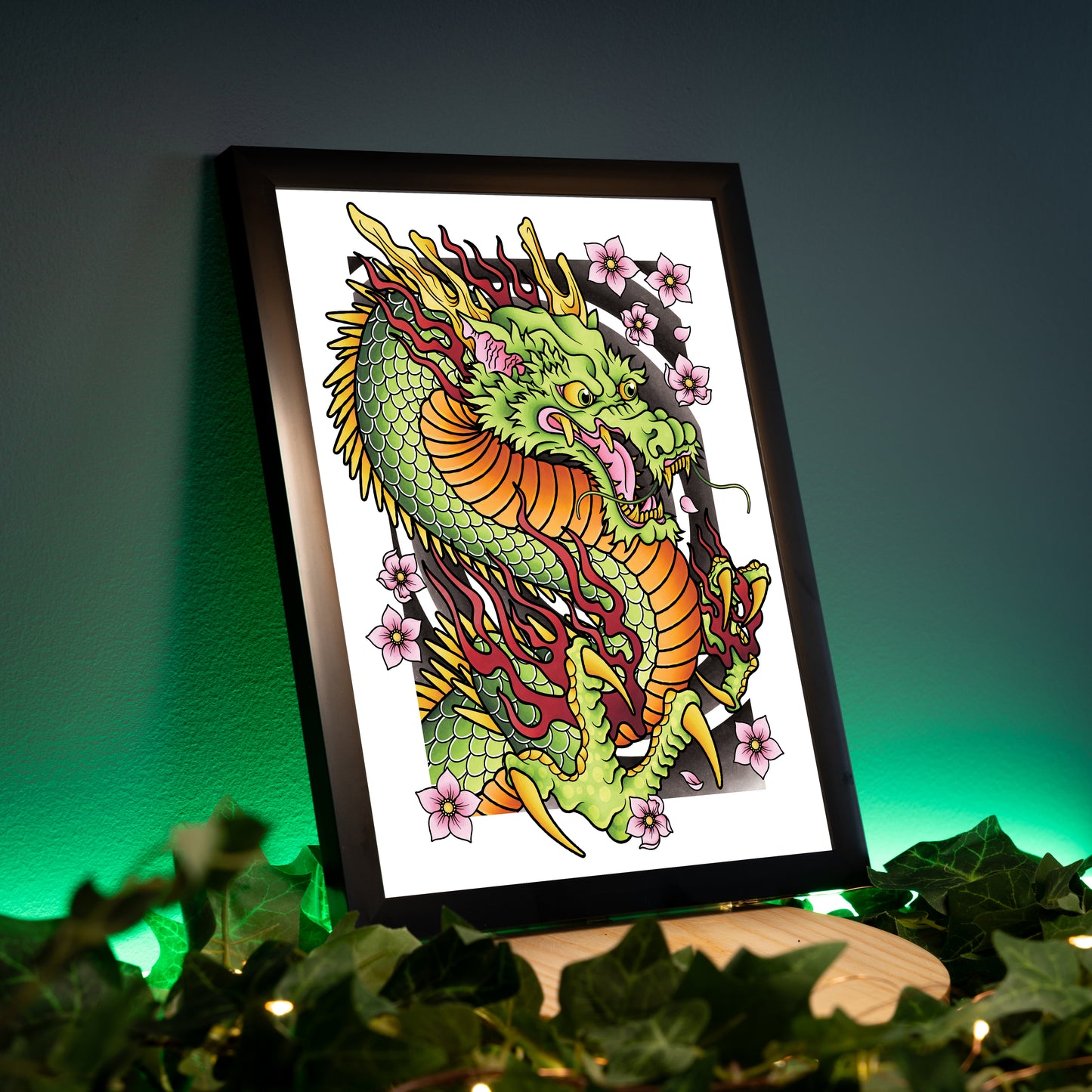 Dragon and Sakura Cherry Blossom Flower Traditional Irezumi Japanese Tattoo Flash Hand Drawn Original Art Print Wall Poster
