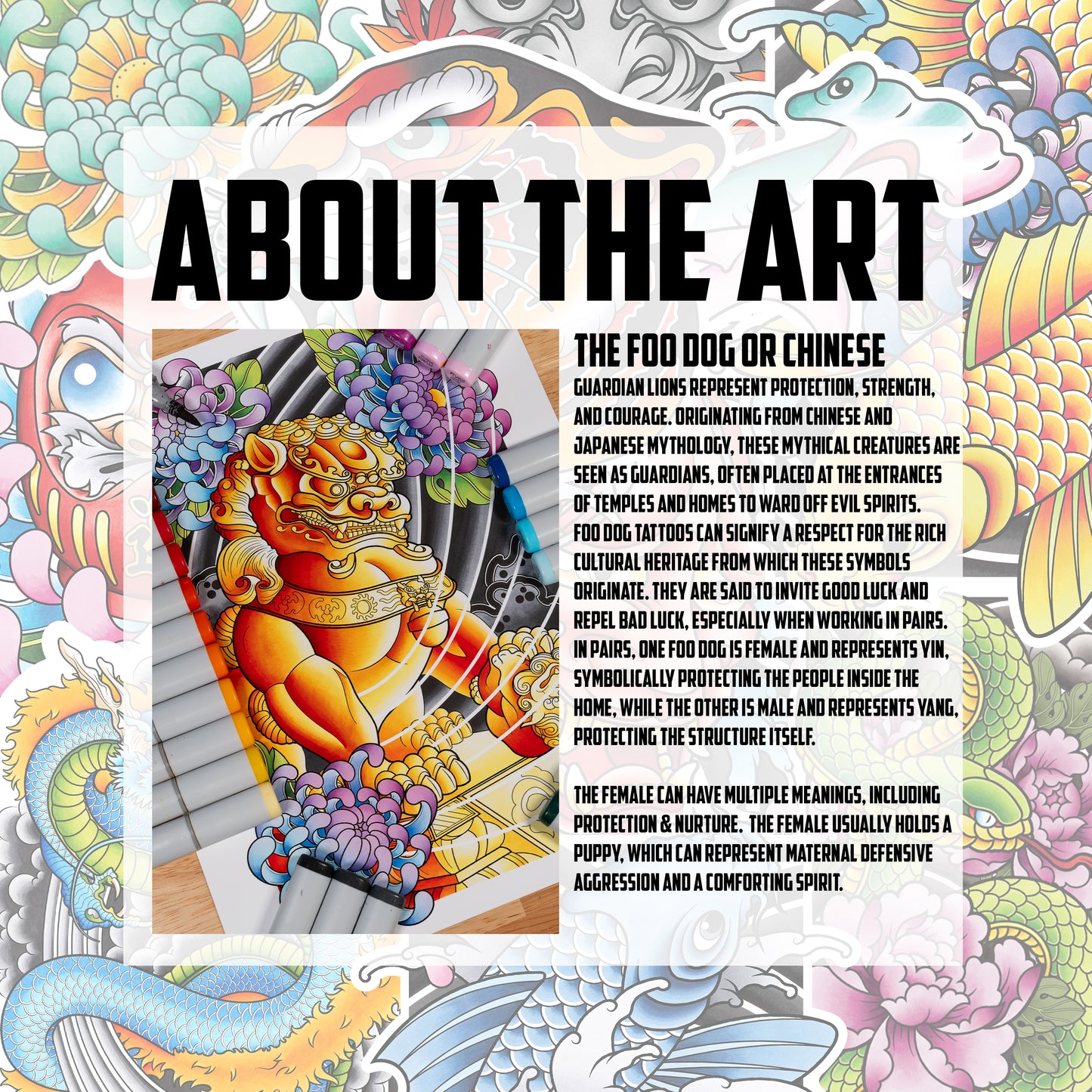 Pack of 2 Foo Dog Traditional Tattoo Flash Fine Art Waterproof Vinyl Sticker and Postcard Art Print