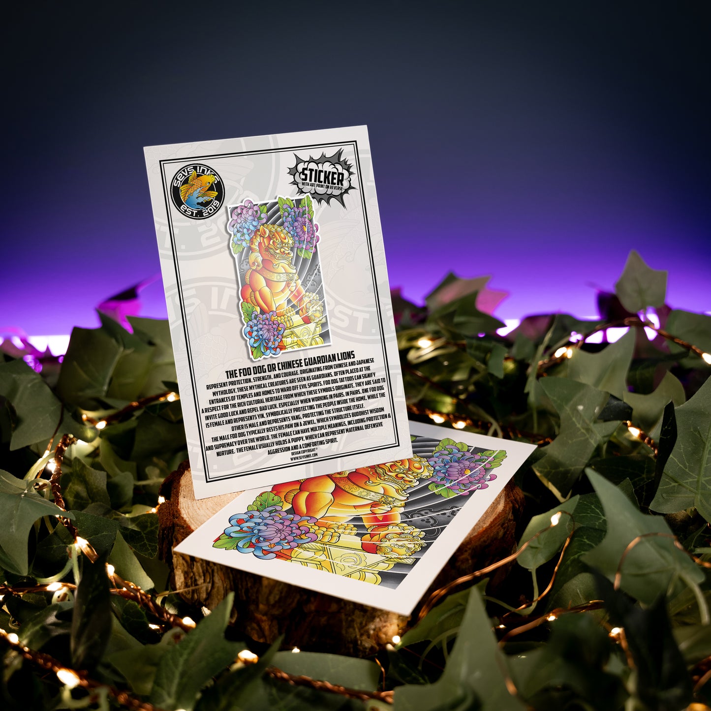 Pack of 2 Foo Dog Traditional Tattoo Flash Fine Art Waterproof Vinyl Sticker and Postcard Art Print
