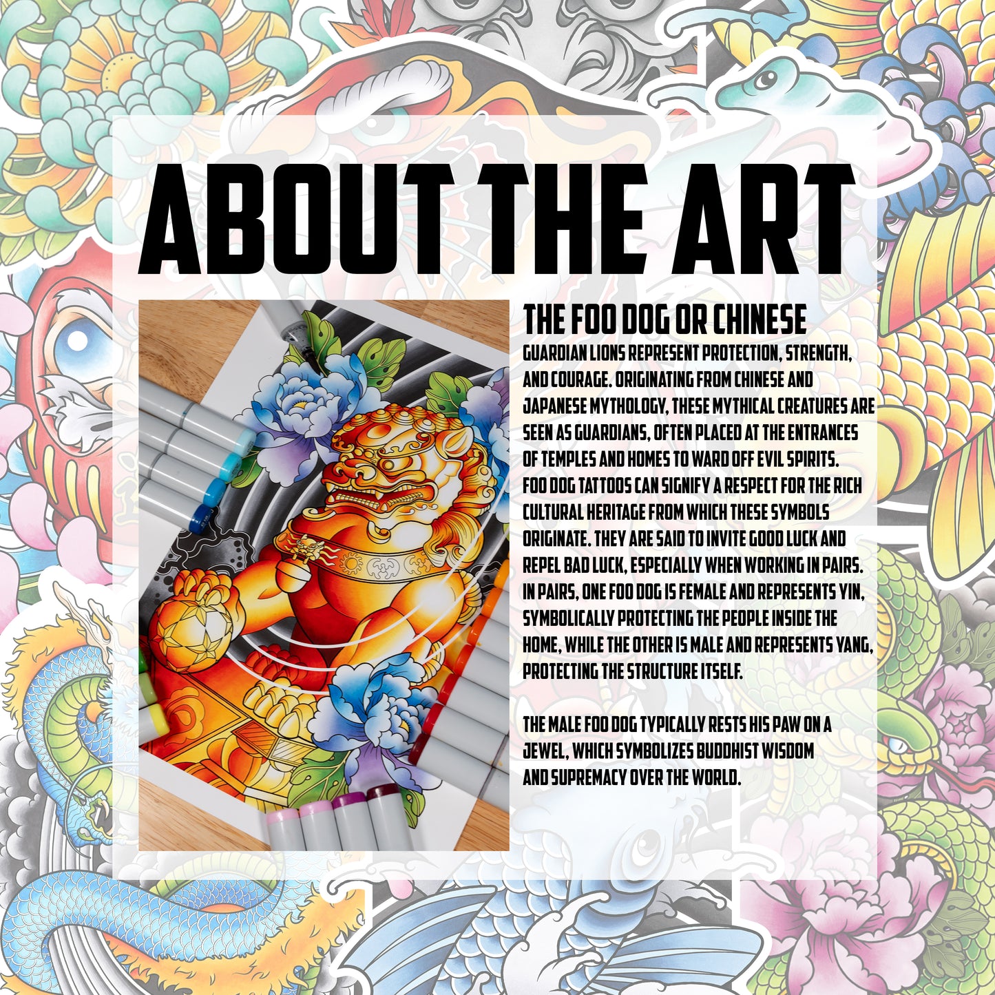 Pack of 2 Foo Dog Traditional Tattoo Flash Fine Art Waterproof Vinyl Sticker and Postcard Art Print