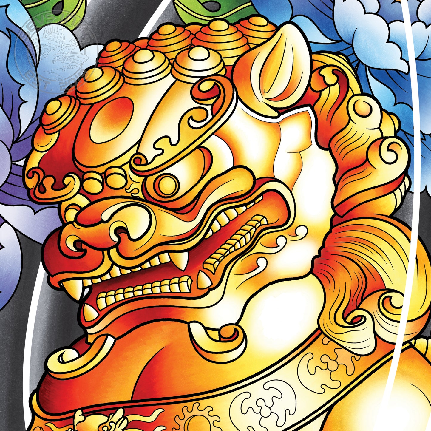 Male Foo Dog Traditional Hand Drawn Irezumi Tattoo Flash Fine Art Waterproof Vinyl Sticker and Postcard Art Print