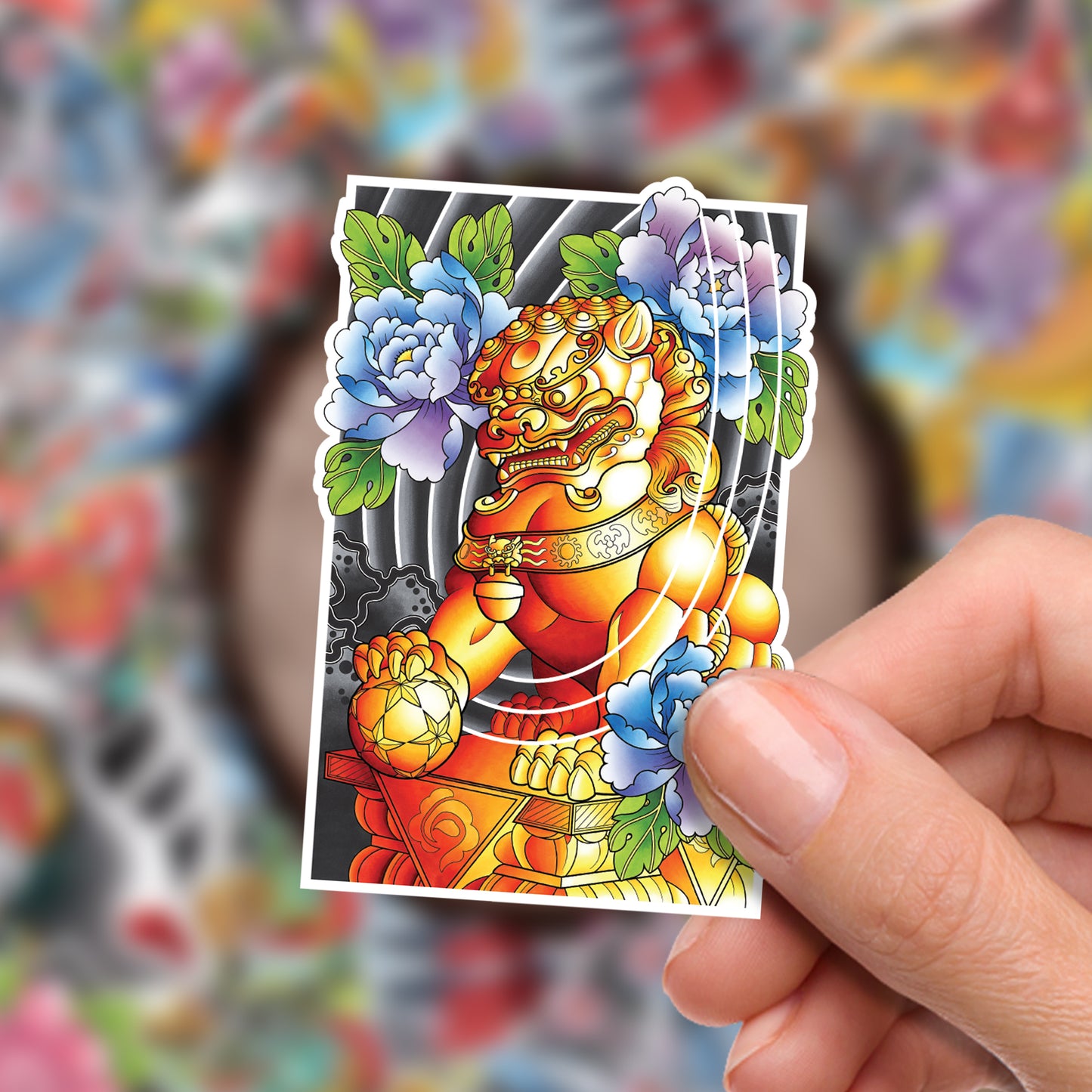 Male Foo Dog Traditional Hand Drawn Irezumi Tattoo Flash Fine Art Waterproof Vinyl Sticker and Postcard Art Print
