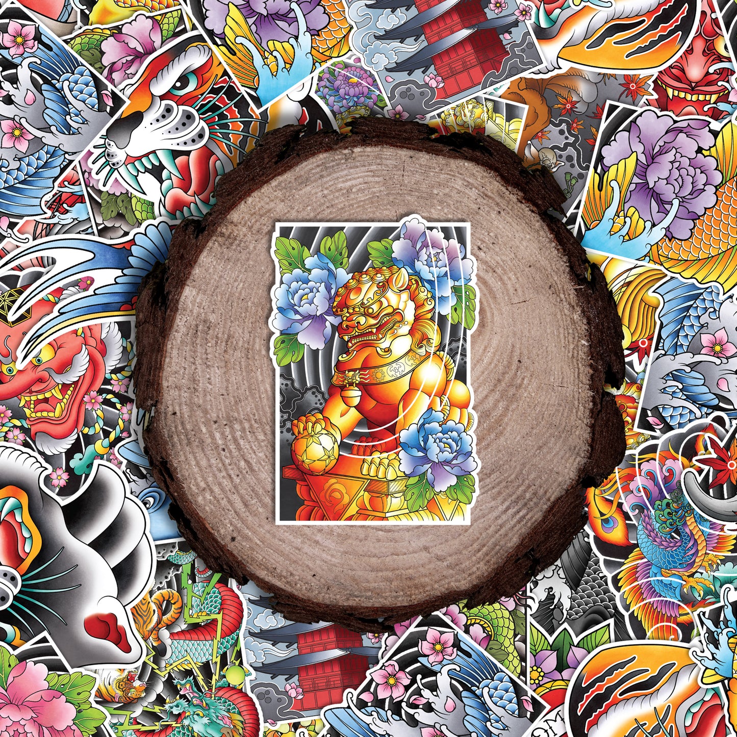 Male Foo Dog Traditional Hand Drawn Irezumi Tattoo Flash Fine Art Waterproof Vinyl Sticker and Postcard Art Print