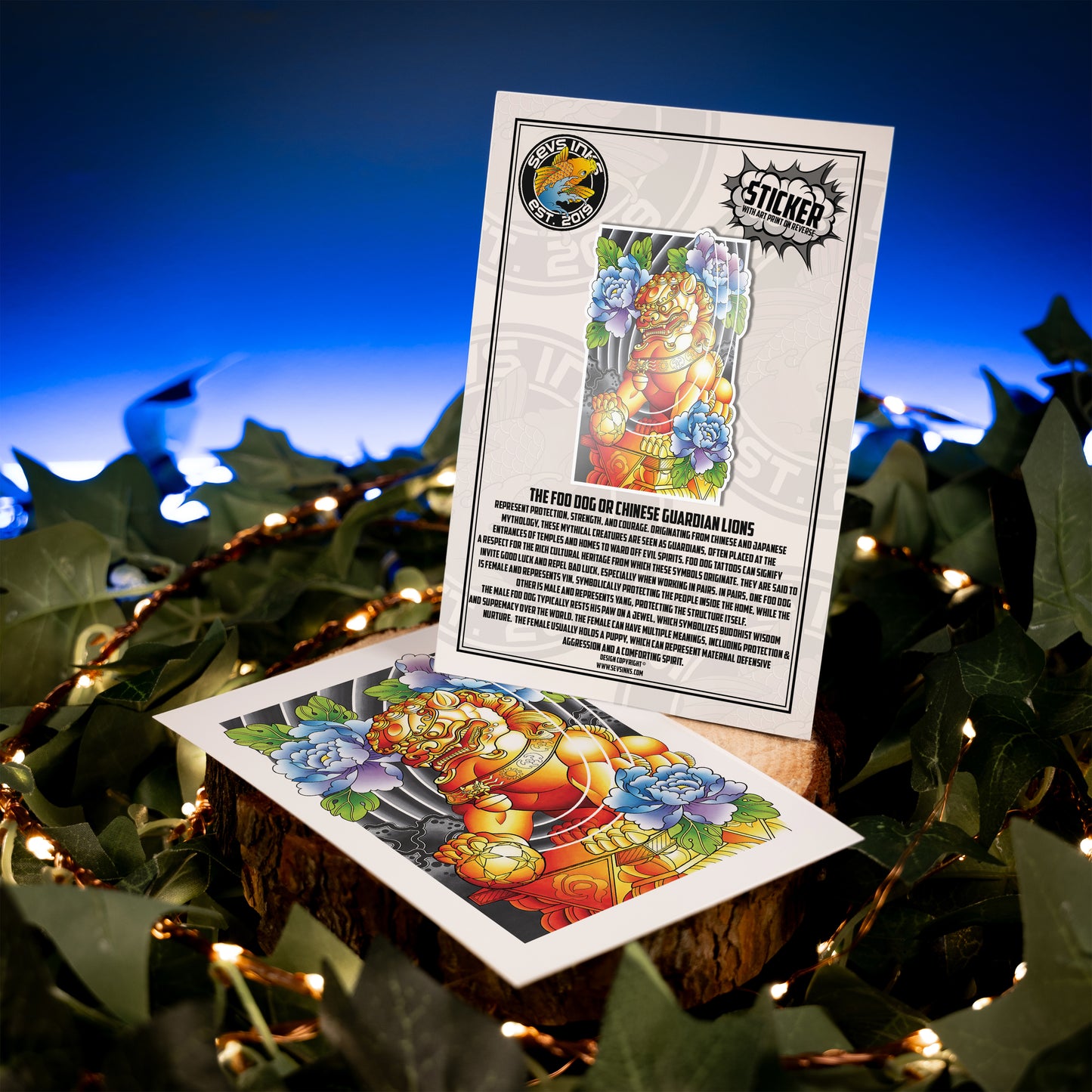 Pack of 2 Foo Dog Traditional Tattoo Flash Fine Art Waterproof Vinyl Sticker and Postcard Art Print