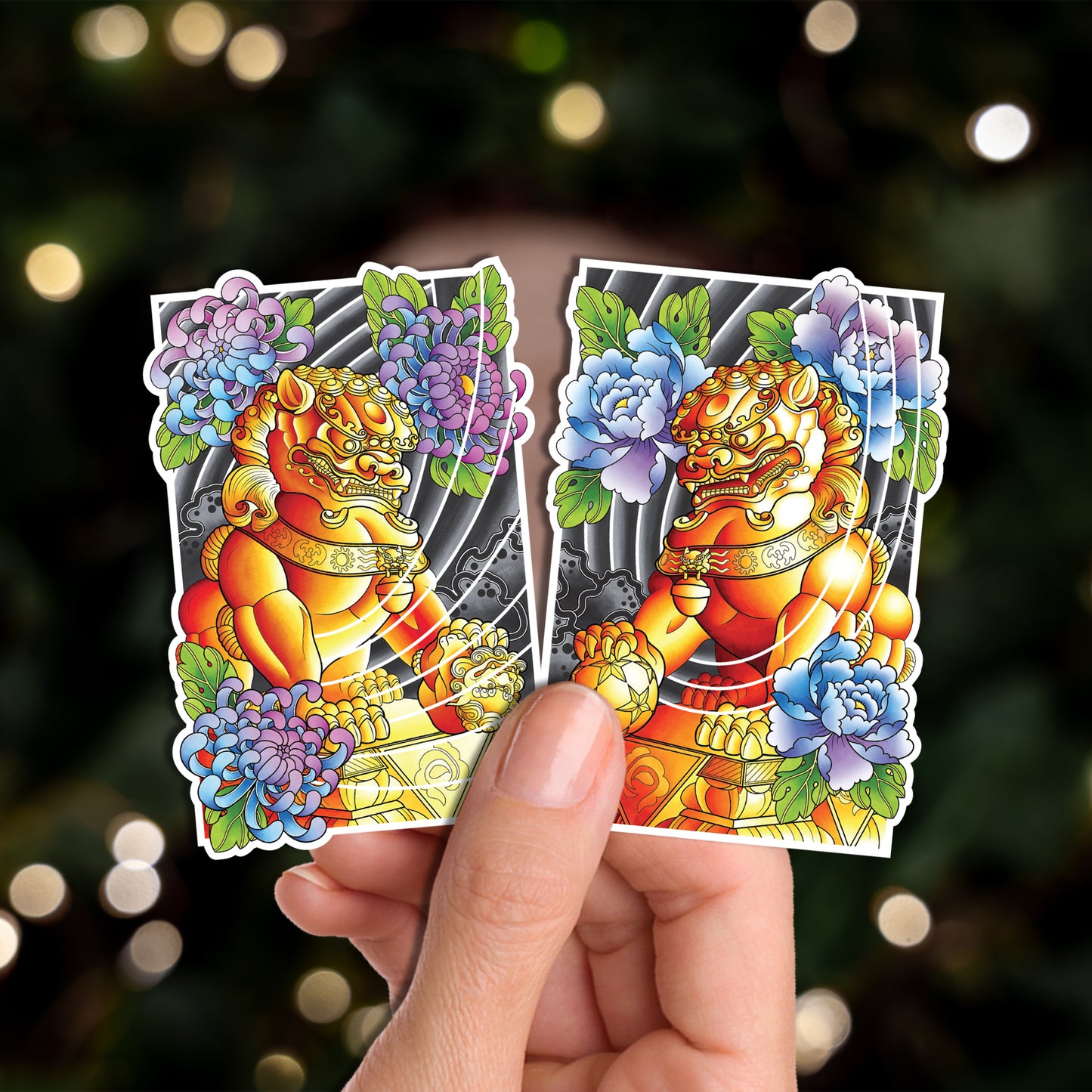 Pack of 2 Foo Dog Traditional Tattoo Flash Fine Art Waterproof Vinyl Sticker and Postcard Art Print
