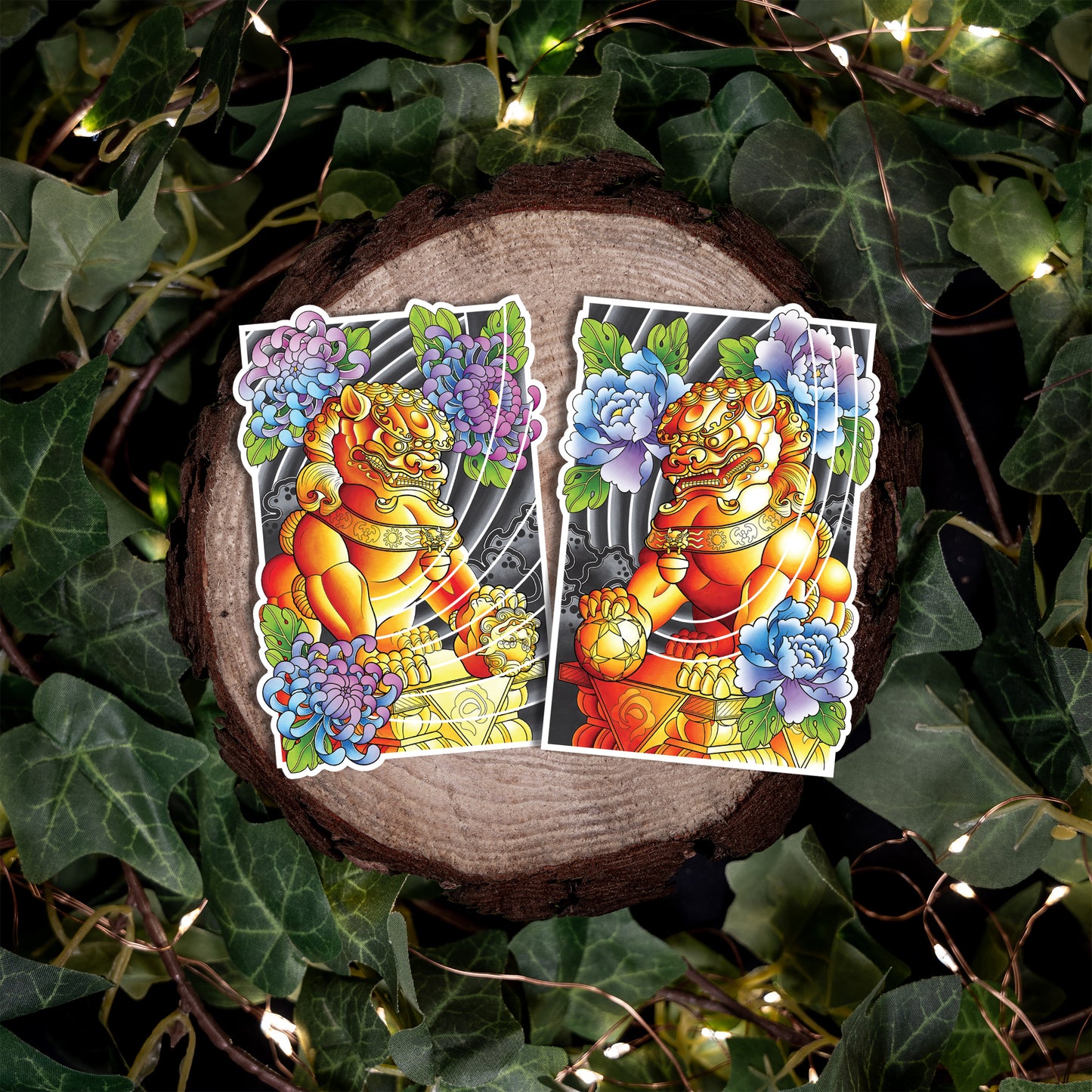 Pack of 2 Foo Dog Traditional Tattoo Flash Fine Art Waterproof Vinyl Sticker and Postcard Art Print