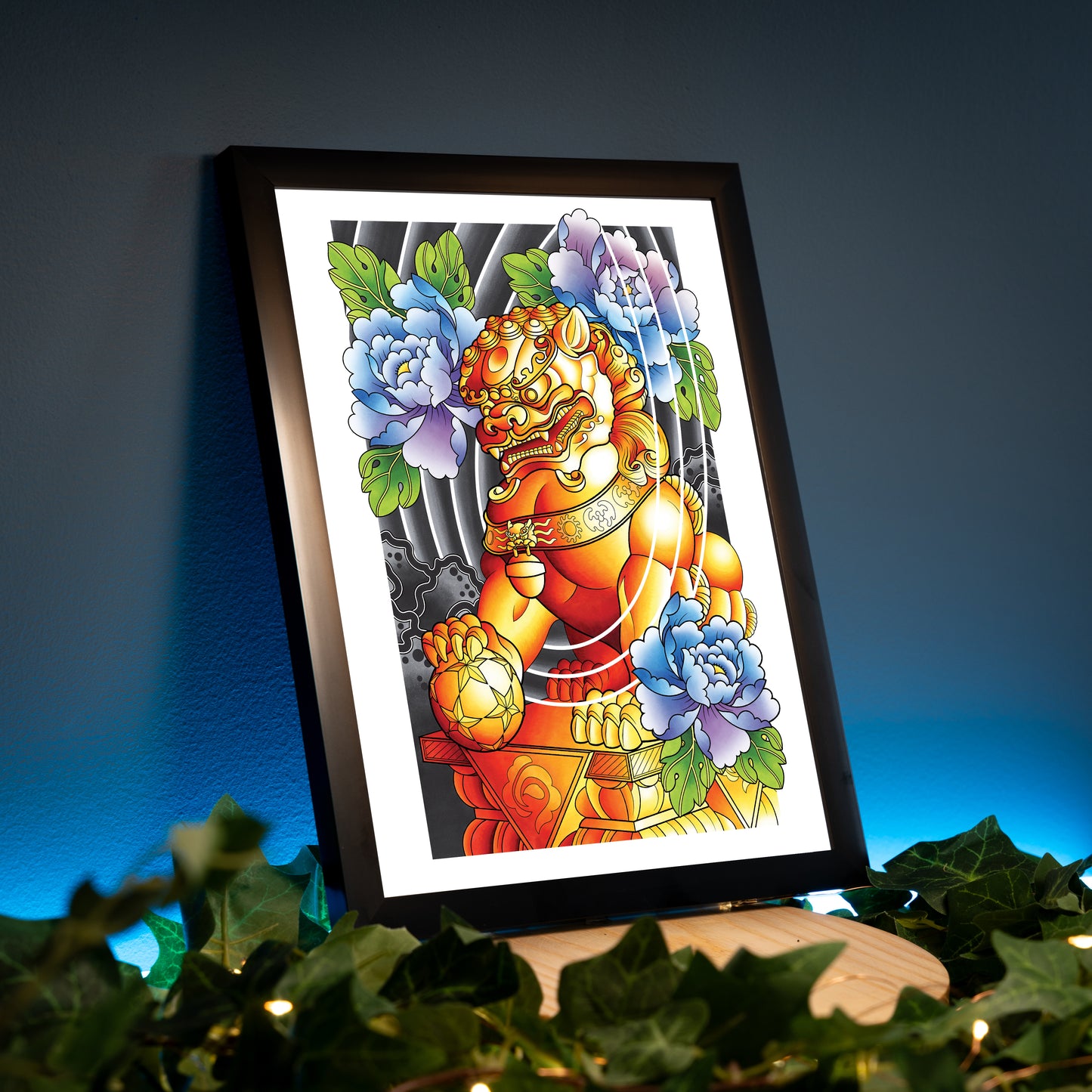 Male Foo Dog Traditional Irezumi Japanese Tattoo Flash Hand Drawn Original Art Print Poster