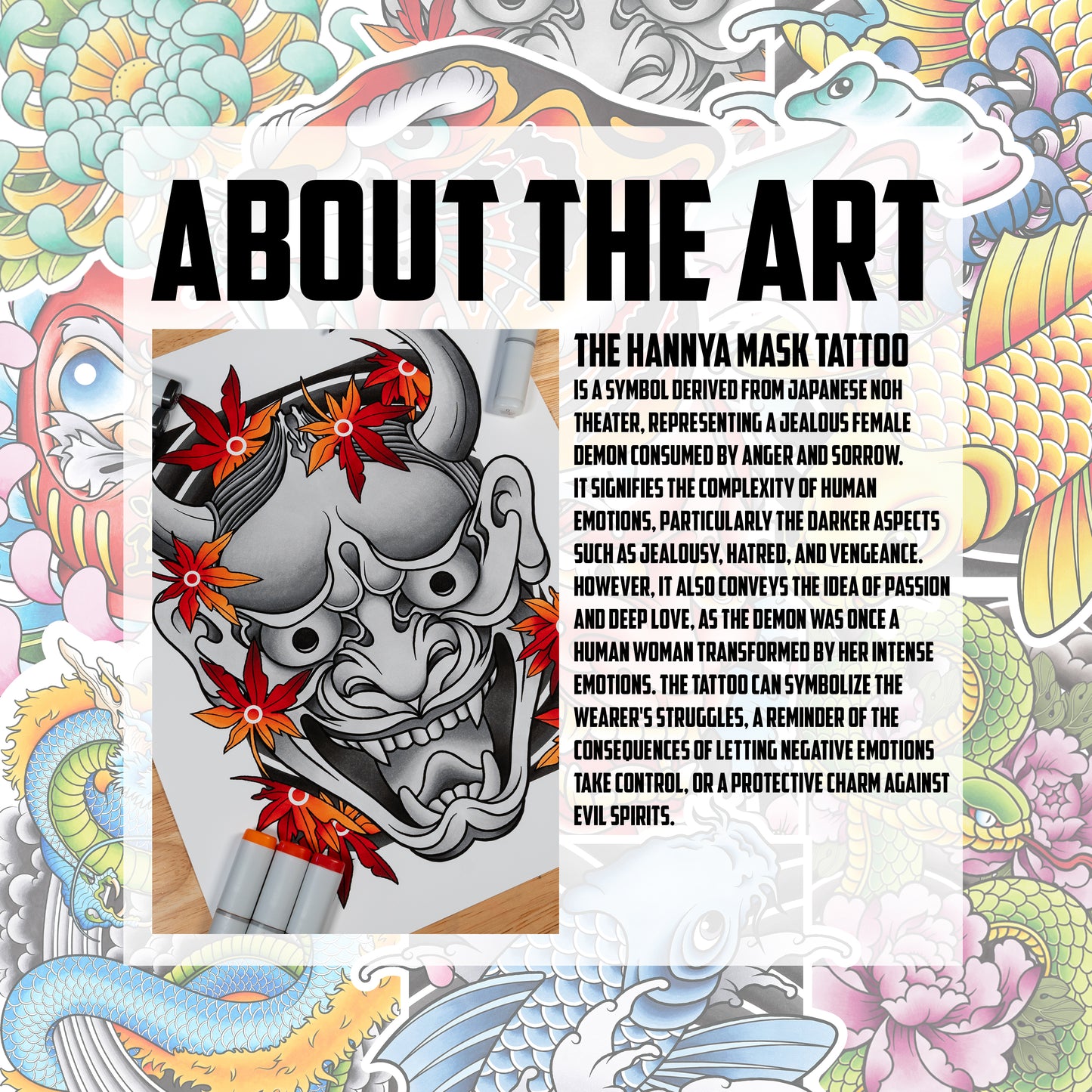Hannya Oni Noh Mask Traditional Irezumi Tattoo Flash Fine Art Waterproof Vinyl Sticker and Postcard Art Print
