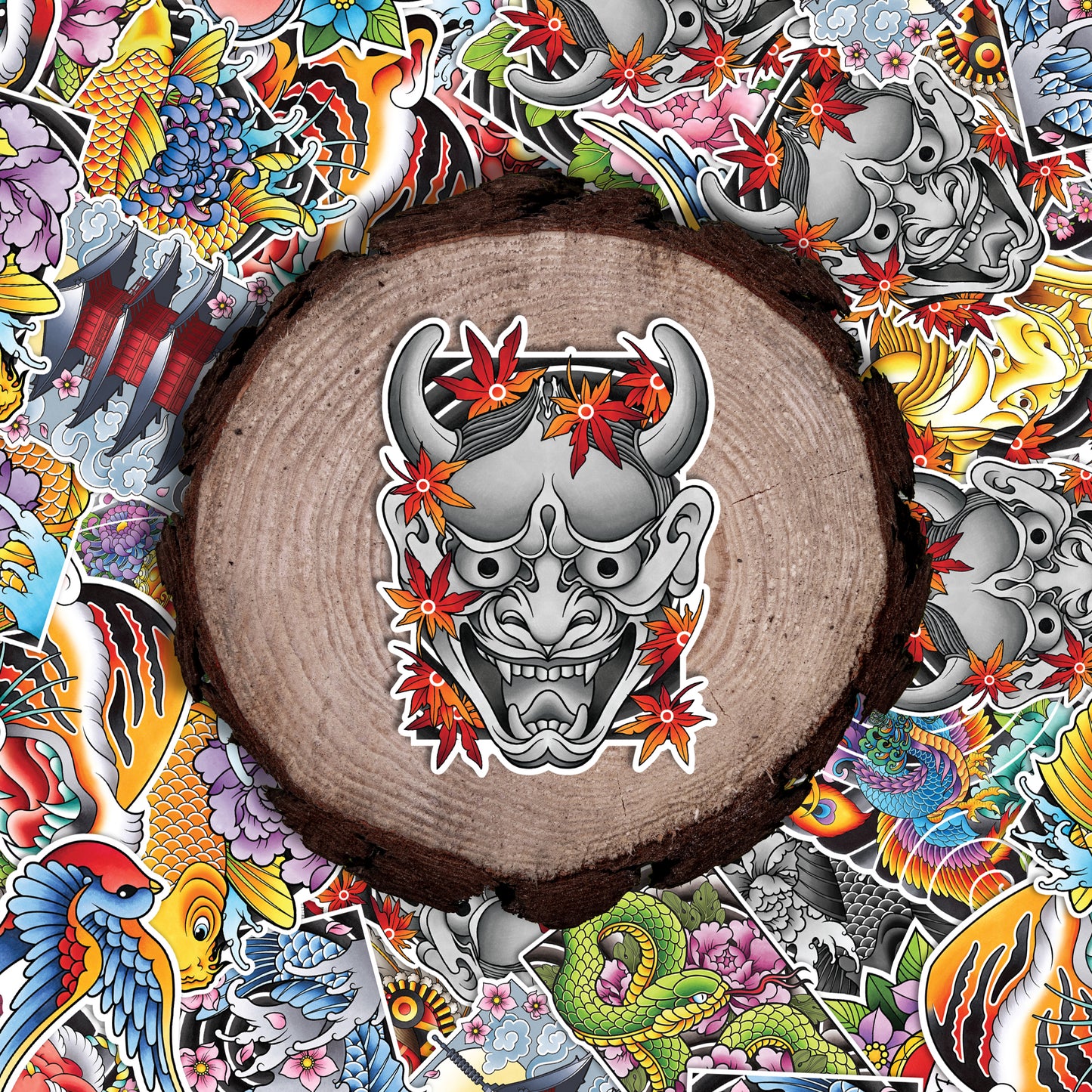 Hannya Oni Noh Mask Traditional Irezumi Tattoo Flash Fine Art Waterproof Vinyl Sticker and Postcard Art Print