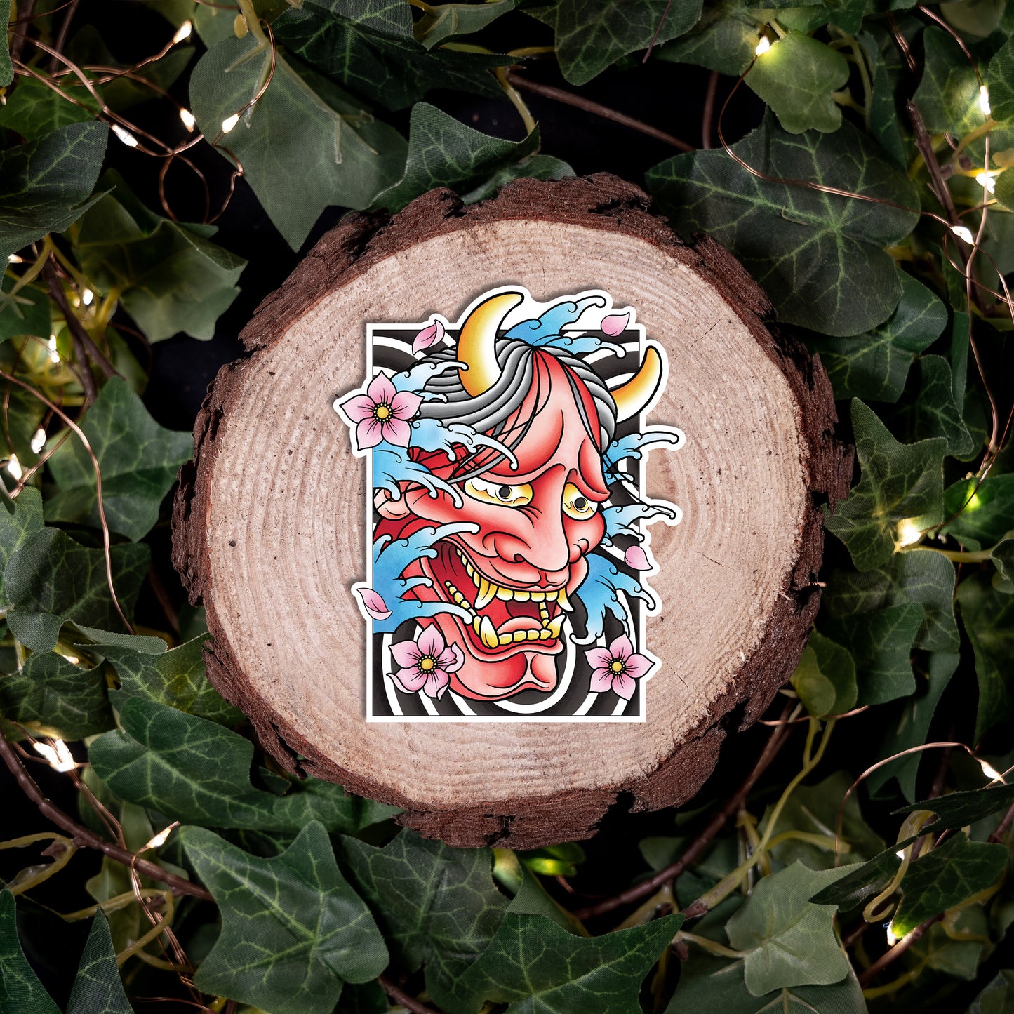 Hannya Oni Noh Mask Traditional Hand Drawn Irezumi Tattoo Flash Fine Art Waterproof Vinyl Sticker and Postcard Art Print