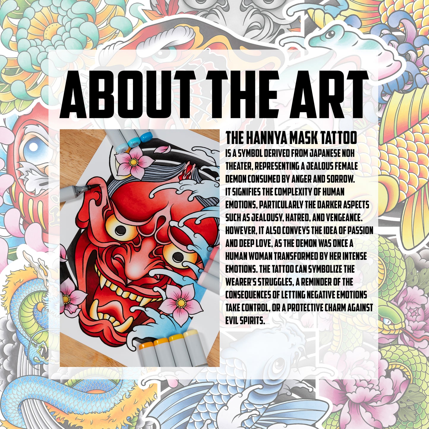 Hannya Oni Noh Mask and Sakura Cherry Blossom Flower Traditional Japanese Irezumi Tattoo Flash Hand Drawn Original Art Print Wall Poster