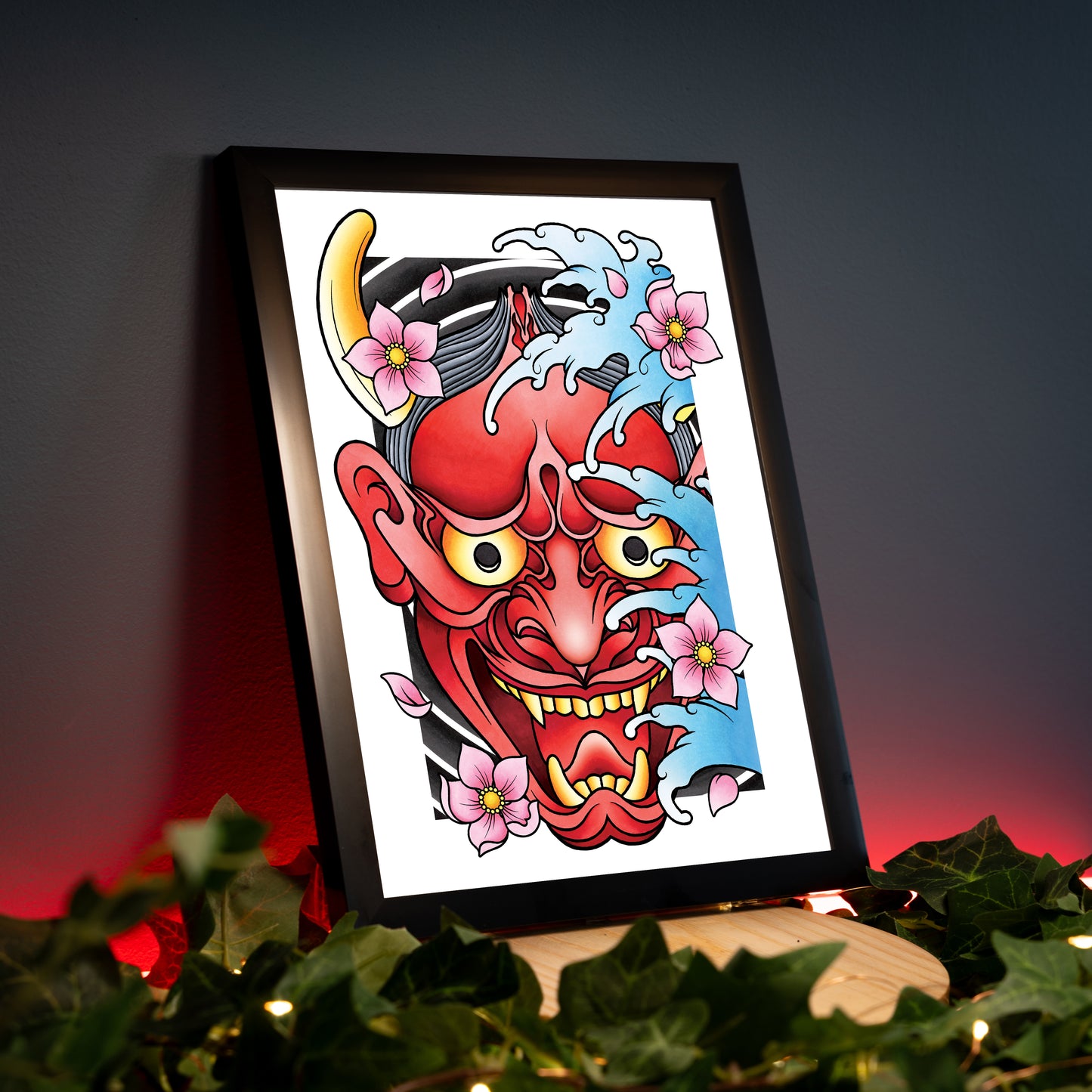 Hannya Oni Noh Mask and Sakura Cherry Blossom Flower Traditional Japanese Irezumi Tattoo Flash Hand Drawn Original Art Print Wall Poster