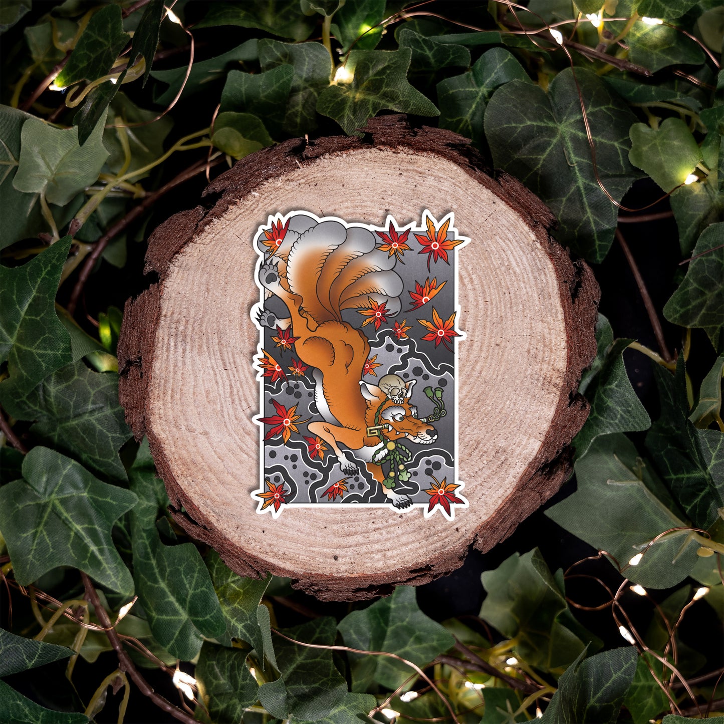 Kitsune Nine Tails Fox Traditional Irezumi Tattoo Flash Fine Art Waterproof Vinyl Sticker and Postcard Art Print