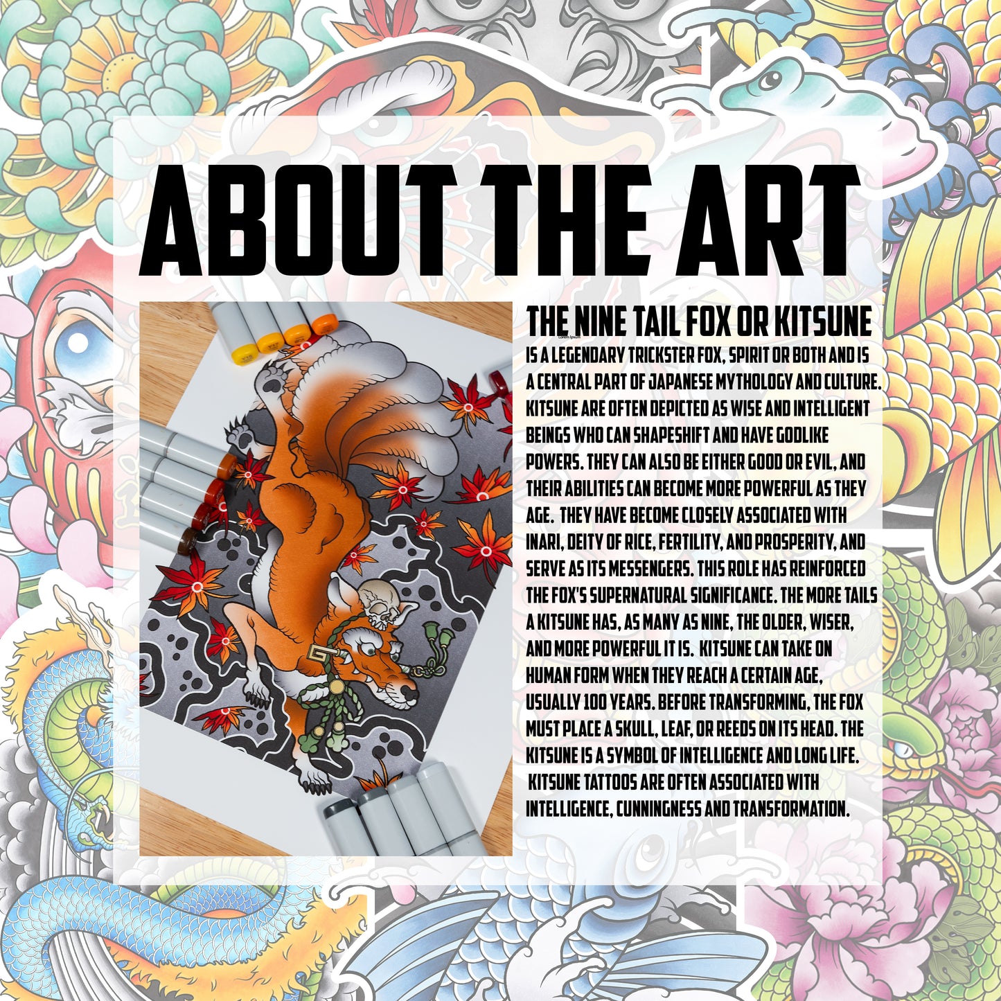 Kitsune Fox Nine Tails - Traditional Japanese Inspired Irezumi Tattoo Flash Hand Drawn Original Art Print Poster