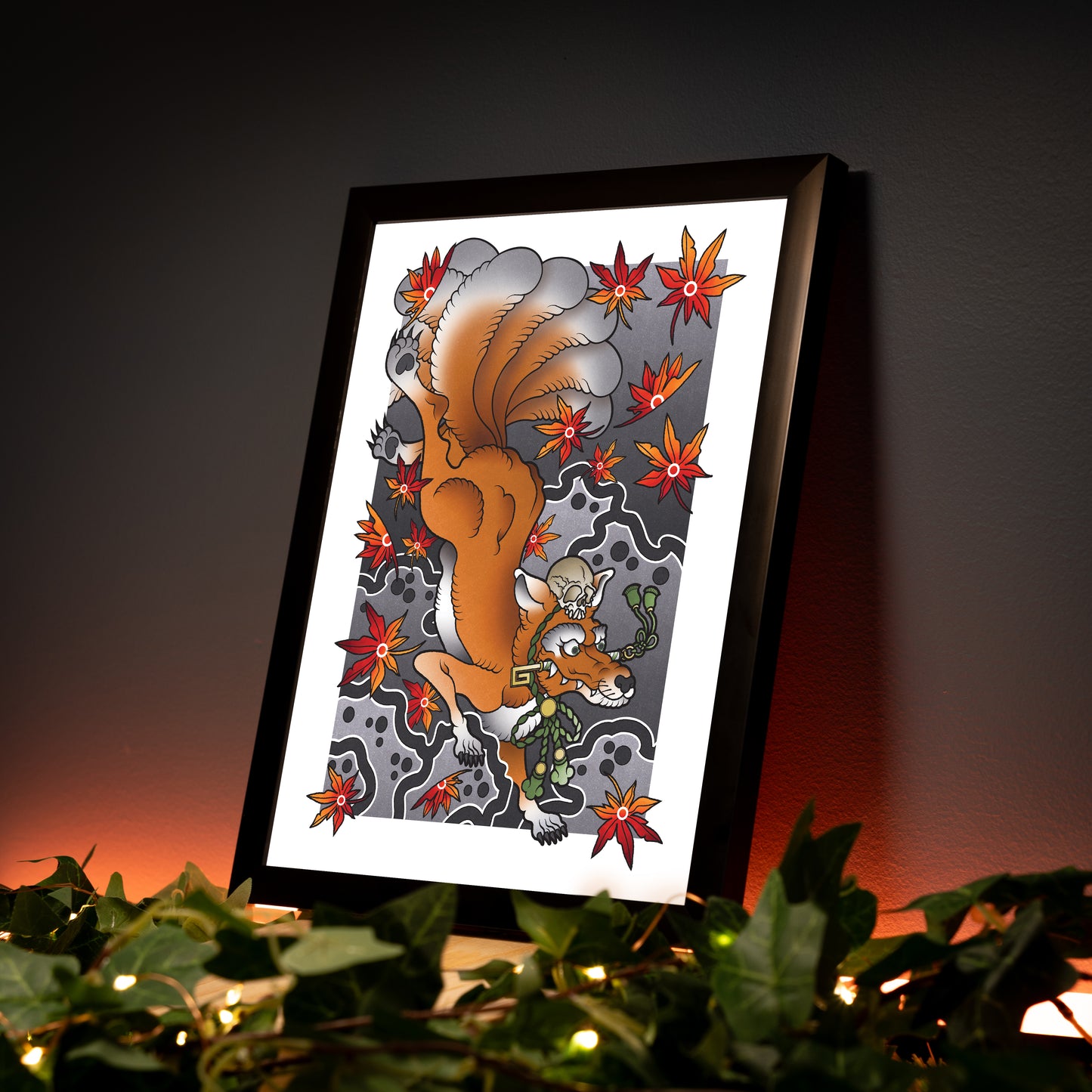 Kitsune Fox Nine Tails - Traditional Japanese Inspired Irezumi Tattoo Flash Hand Drawn Original Art Print Poster