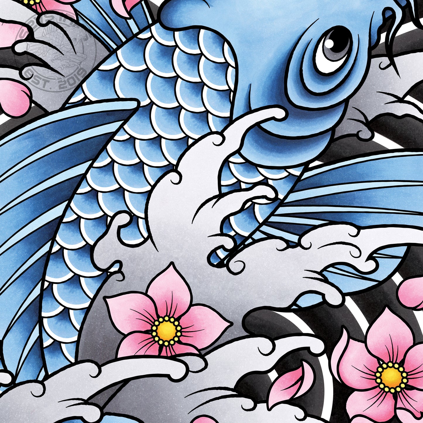 Koi Fish and Sakura Cherry Blossom Traditional Hand Drawn Irezumi Tattoo Flash Fine Art Waterproof Vinyl Sticker and Postcard Art Print