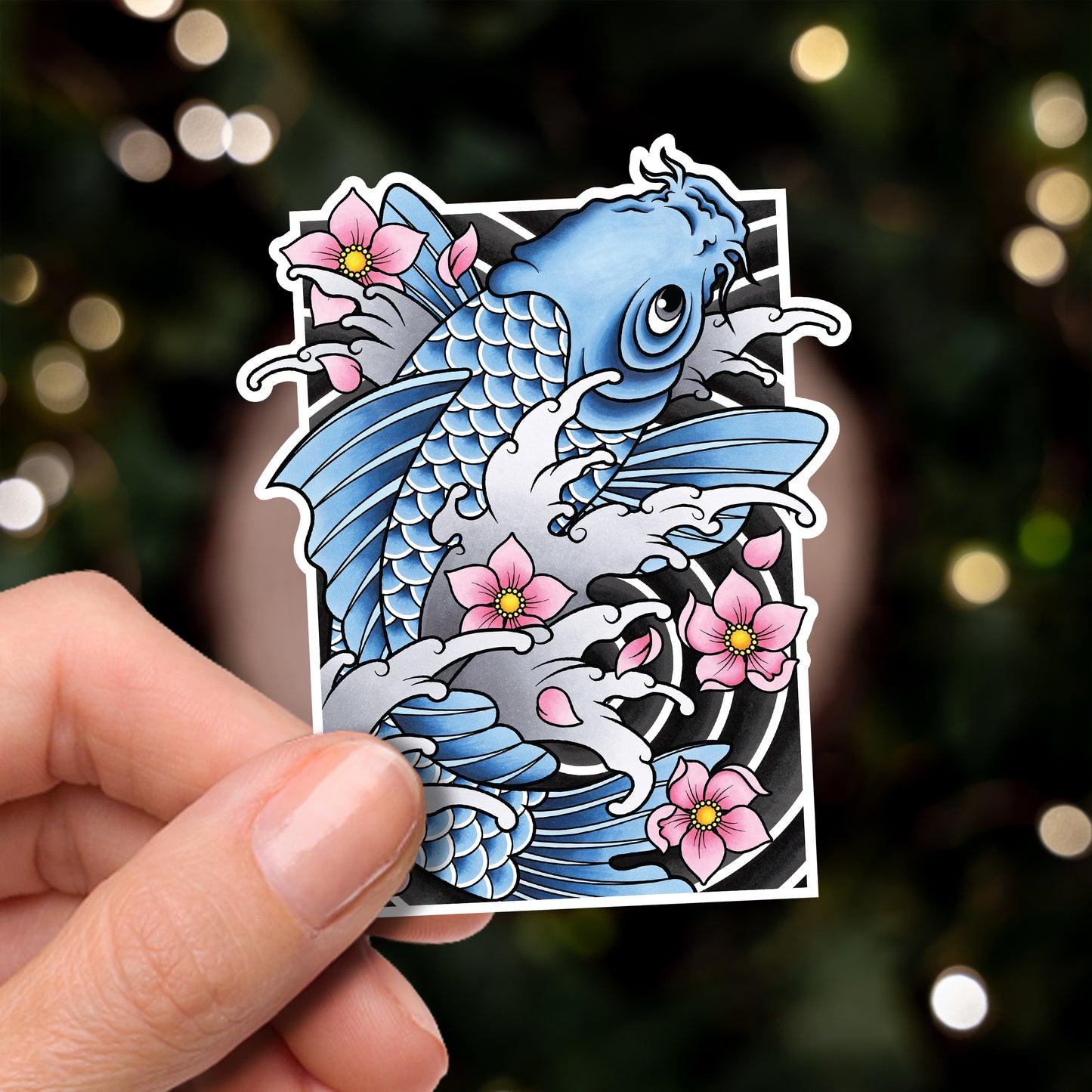Koi Fish and Sakura Cherry Blossom Traditional Hand Drawn Irezumi Tattoo Flash Fine Art Waterproof Vinyl Sticker and Postcard Art Print